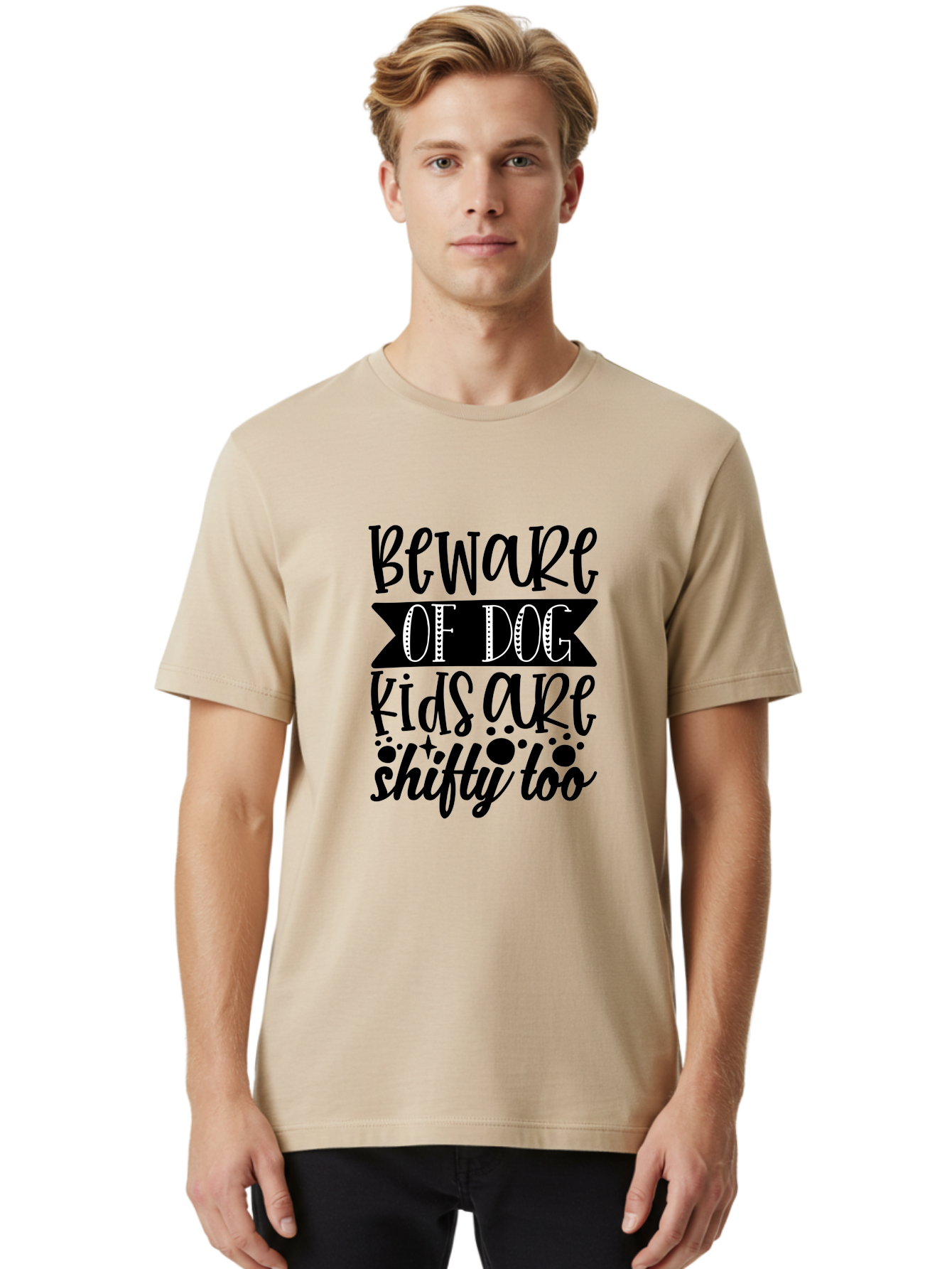 Beware Of Dog Kids Are Shifty Too Men'S Graphic Tee, 100% Cotton, Comfortable Casual Summer Wear, Machine Washable, Funny Warning Sign, Humorous Quote, Paw Print Design, Quirky Phrase, Dog Owners, Playful Message, Sarcastic Humor, Aae137