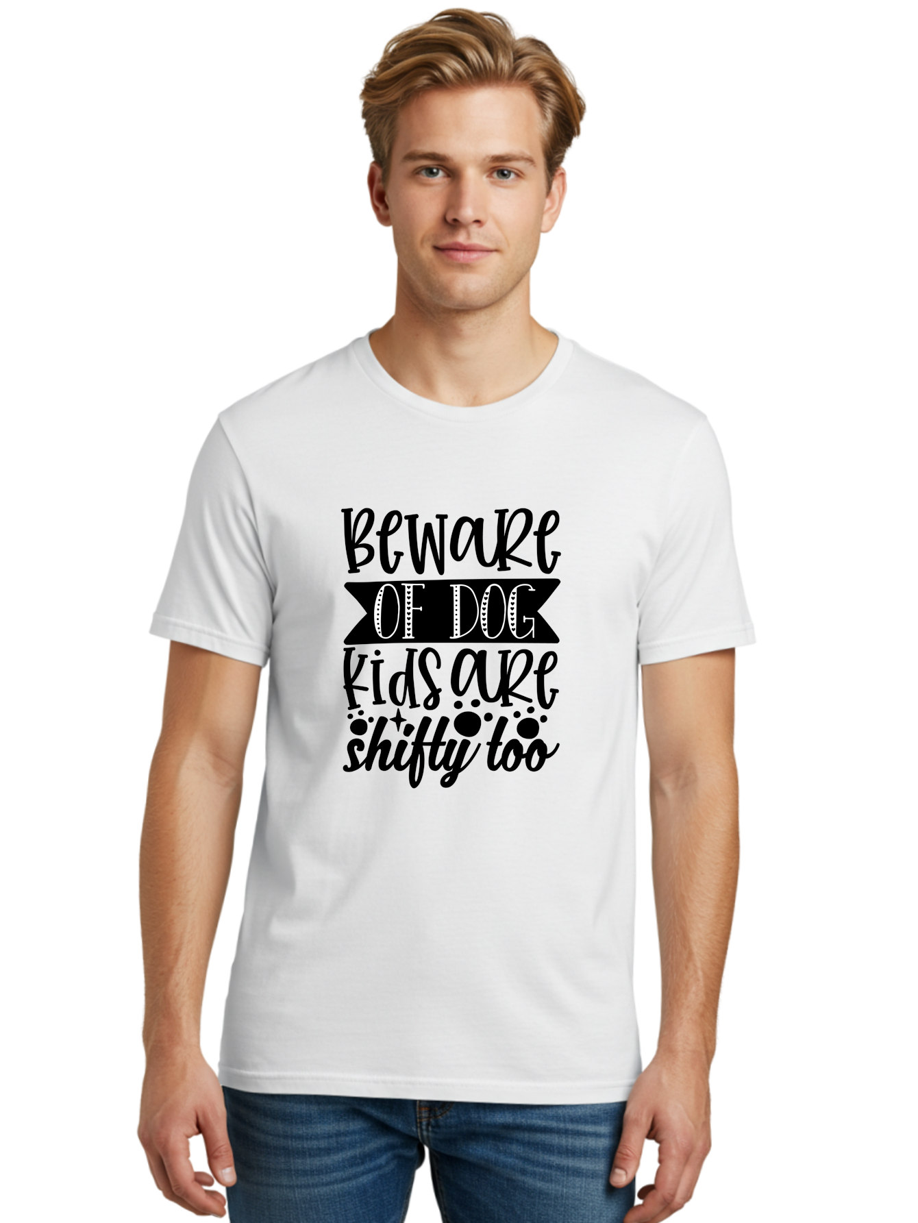 Beware Of Dog Kids Are Shifty Too Men'S Graphic Tee, 100% Cotton, Comfortable Casual Summer Wear, Machine Washable, Funny Warning Sign, Humorous Quote, Paw Print Design, Quirky Phrase, Dog Owners, Playful Message, Sarcastic Humor, Aae137
