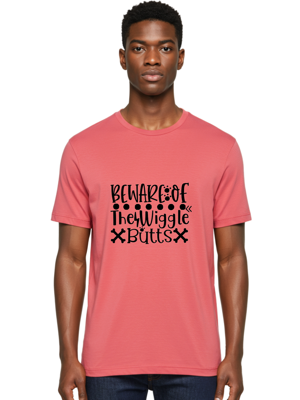 Beware Of The Wiggle Butts Men'S Graphic Tee, 100% Cotton, Comfortable Casual Summer Wear, Machine Washable, Funny Quote, Humorous Saying, Quirky Phrase, Warning Sign, Playful Text, Paw Prints, Crossbones, Fun Design Aae138
