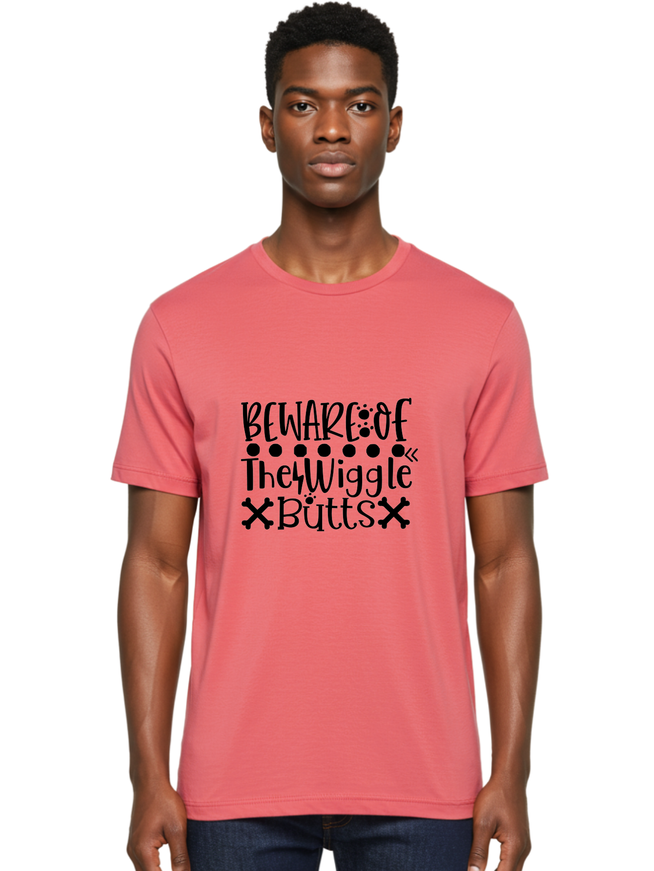 Beware Of The Wiggle Butts Men'S Graphic Tee, 100% Cotton, Comfortable Casual Summer Wear, Machine Washable, Funny Quote, Humorous Saying, Quirky Phrase, Warning Sign, Playful Text, Paw Prints, Crossbones, Fun Design Aae138