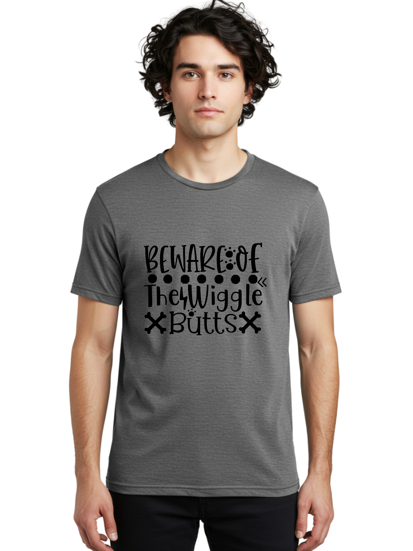 Beware Of The Wiggle Butts Men'S Graphic Tee, 100% Cotton, Comfortable Casual Summer Wear, Machine Washable, Funny Quote, Humorous Saying, Quirky Phrase, Warning Sign, Playful Text, Paw Prints, Crossbones, Fun Design Aae138