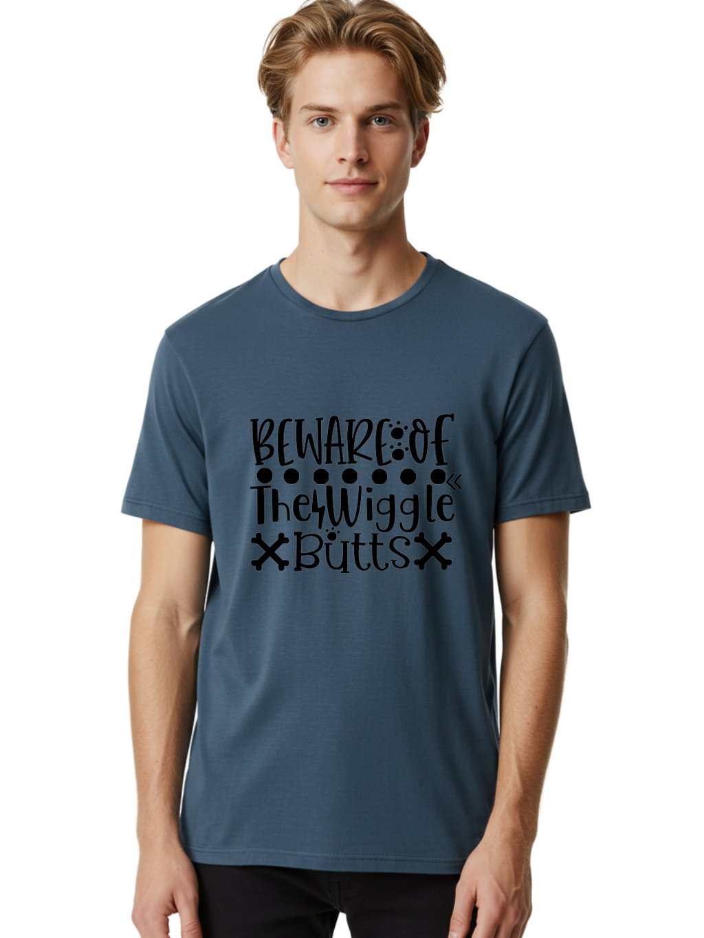 Beware Of The Wiggle Butts Men'S Graphic Tee, 100% Cotton, Comfortable Casual Summer Wear, Machine Washable, Funny Quote, Humorous Saying, Quirky Phrase, Warning Sign, Playful Text, Paw Prints, Crossbones, Fun Design Aae138