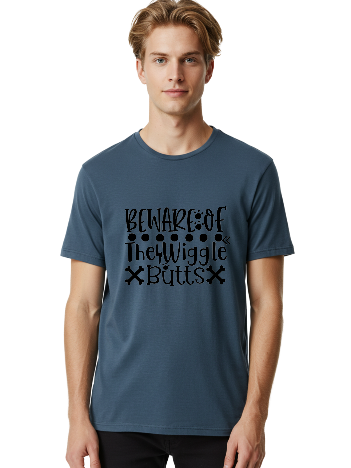 Beware Of The Wiggle Butts Men'S Graphic Tee, 100% Cotton, Comfortable Casual Summer Wear, Machine Washable, Funny Quote, Humorous Saying, Quirky Phrase, Warning Sign, Playful Text, Paw Prints, Crossbones, Fun Design Aae138