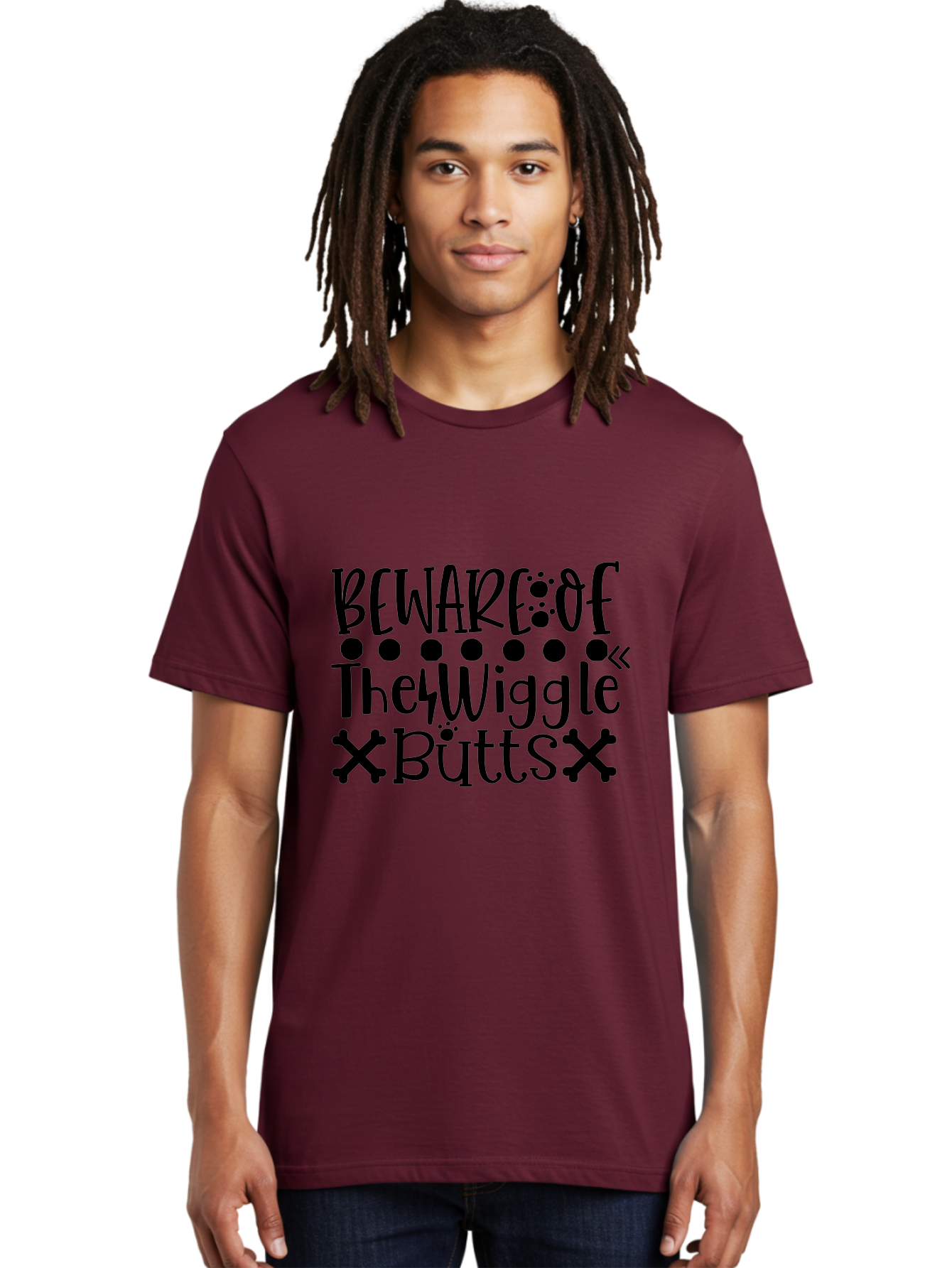 Beware Of The Wiggle Butts Men'S Graphic Tee, 100% Cotton, Comfortable Casual Summer Wear, Machine Washable, Funny Quote, Humorous Saying, Quirky Phrase, Warning Sign, Playful Text, Paw Prints, Crossbones, Fun Design Aae138