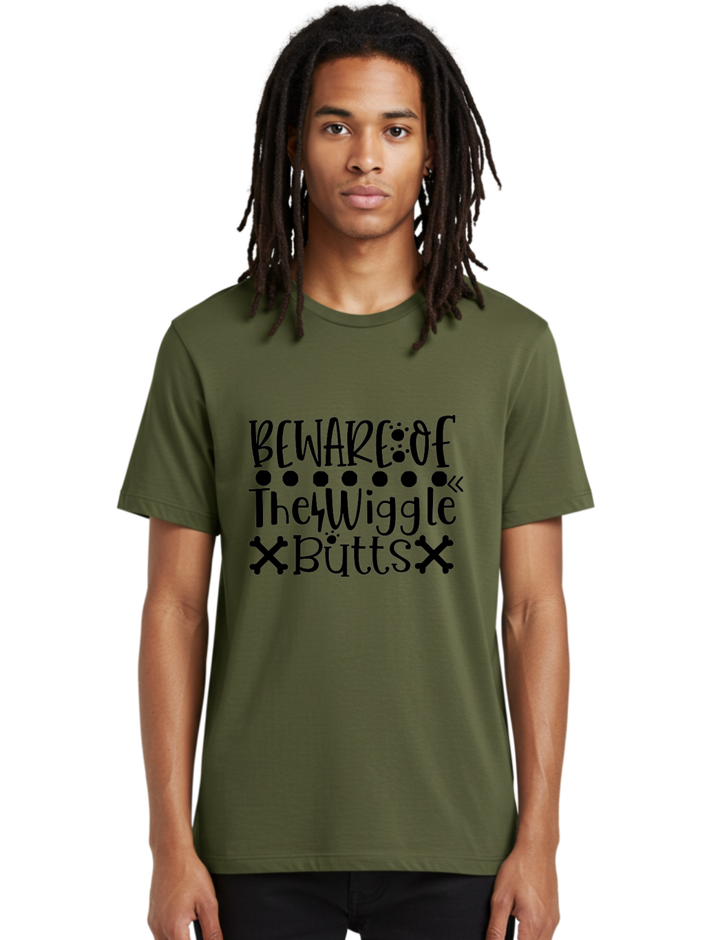 Beware Of The Wiggle Butts Men'S Graphic Tee, 100% Cotton, Comfortable Casual Summer Wear, Machine Washable, Funny Quote, Humorous Saying, Quirky Phrase, Warning Sign, Playful Text, Paw Prints, Crossbones, Fun Design Aae138
