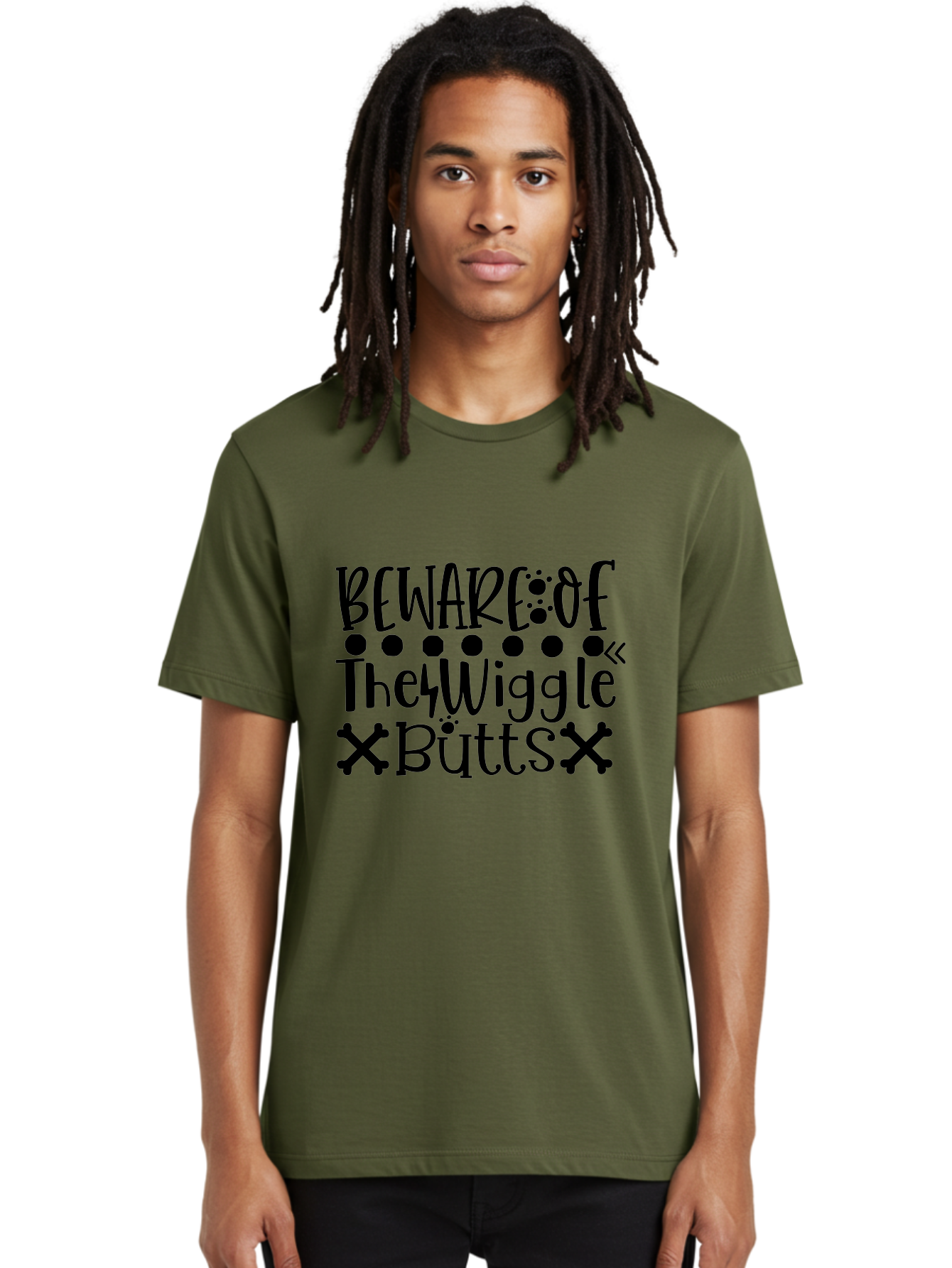 Beware Of The Wiggle Butts Men'S Graphic Tee, 100% Cotton, Comfortable Casual Summer Wear, Machine Washable, Funny Quote, Humorous Saying, Quirky Phrase, Warning Sign, Playful Text, Paw Prints, Crossbones, Fun Design Aae138