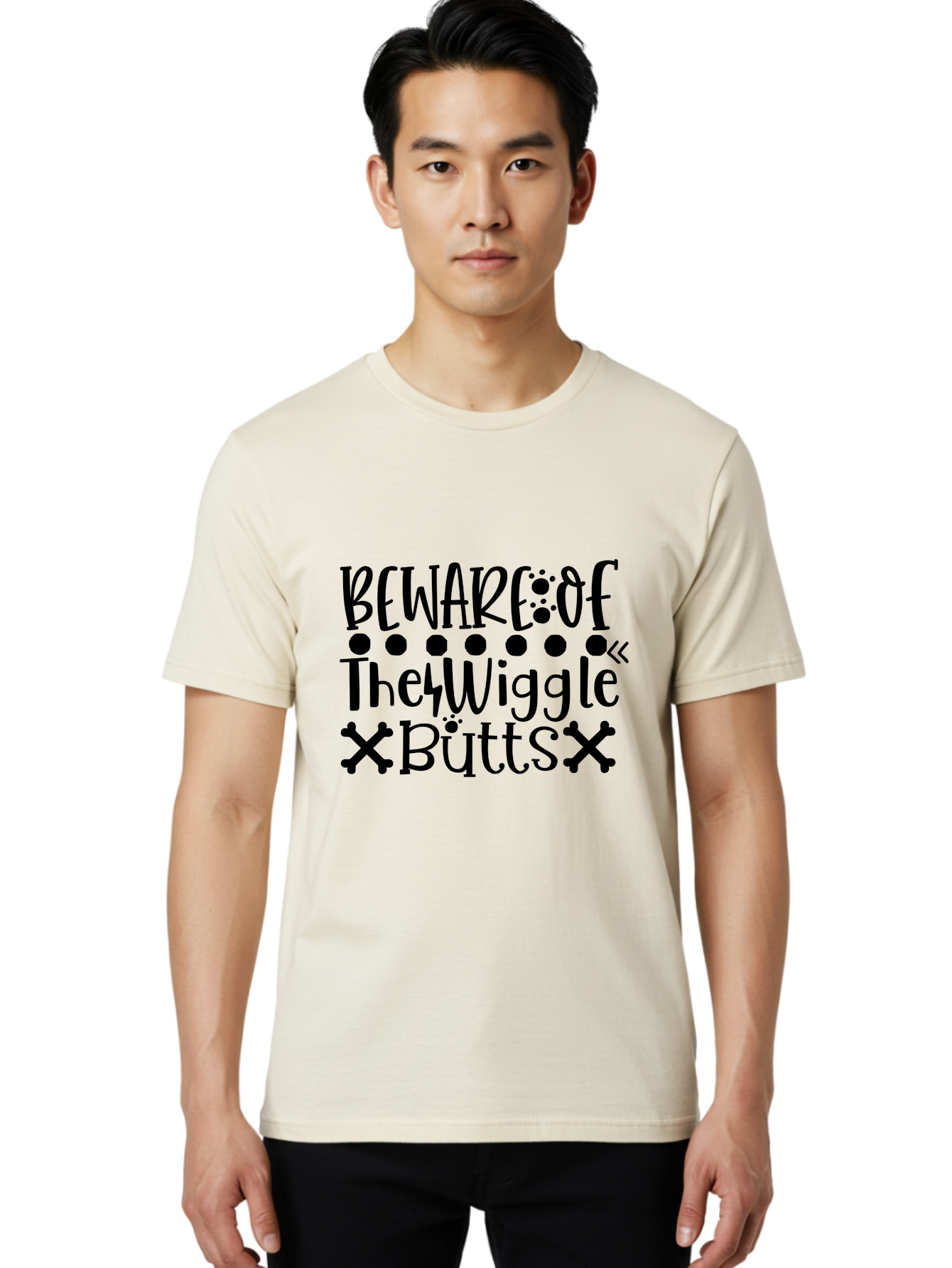Beware Of The Wiggle Butts Men'S Graphic Tee, 100% Cotton, Comfortable Casual Summer Wear, Machine Washable, Funny Quote, Humorous Saying, Quirky Phrase, Warning Sign, Playful Text, Paw Prints, Crossbones, Fun Design Aae138