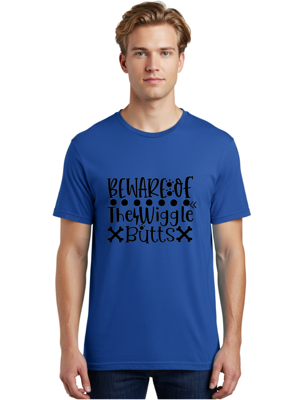 Beware Of The Wiggle Butts Men'S Graphic Tee, 100% Cotton, Comfortable Casual Summer Wear, Machine Washable, Funny Quote, Humorous Saying, Quirky Phrase, Warning Sign, Playful Text, Paw Prints, Crossbones, Fun Design Aae138