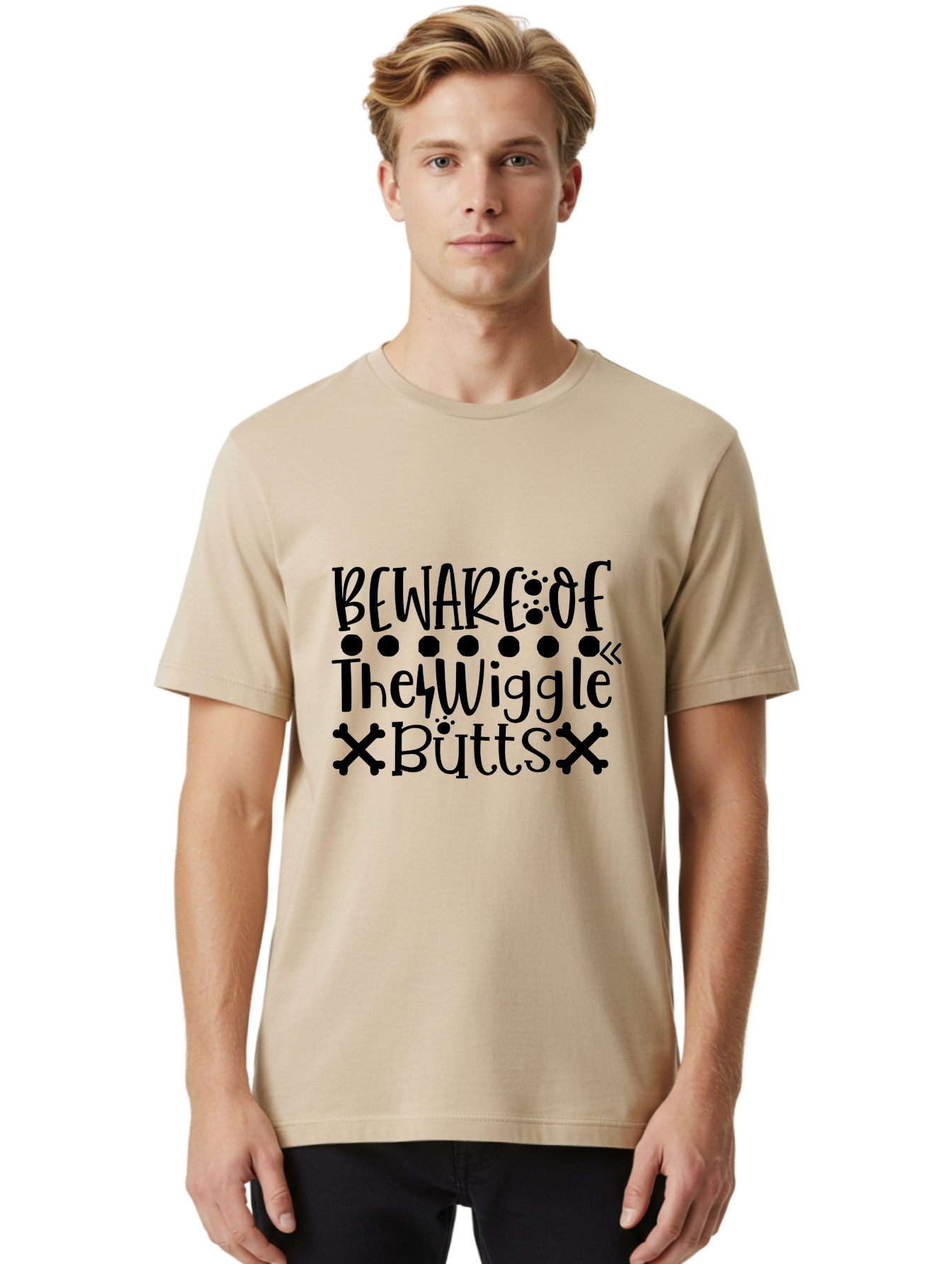 Beware Of The Wiggle Butts Men'S Graphic Tee, 100% Cotton, Comfortable Casual Summer Wear, Machine Washable, Funny Quote, Humorous Saying, Quirky Phrase, Warning Sign, Playful Text, Paw Prints, Crossbones, Fun Design Aae138