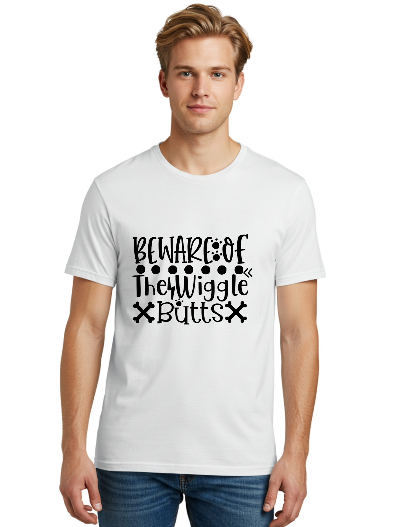 Beware Of The Wiggle Butts Men'S Graphic Tee, 100% Cotton, Comfortable Casual Summer Wear, Machine Washable, Funny Quote, Humorous Saying, Quirky Phrase, Warning Sign, Playful Text, Paw Prints, Crossbones, Fun Design Aae138