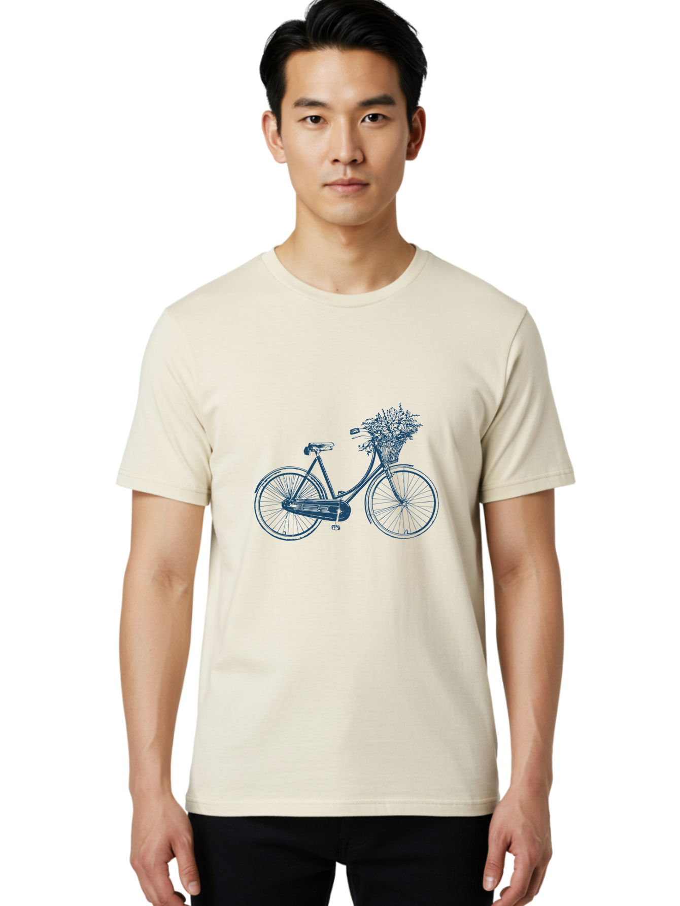 Bike-With-Flowers Men'S Graphic Tee, 100% Cotton, Comfortable Casual Summer Wear, Machine Washable, Vintage Bicycle, Floral Basket, Eco-Friendly Transportation, Sustainable Living, Outdoorsy Feel, Leisurely Ride, Cycling Culture, Aae139
