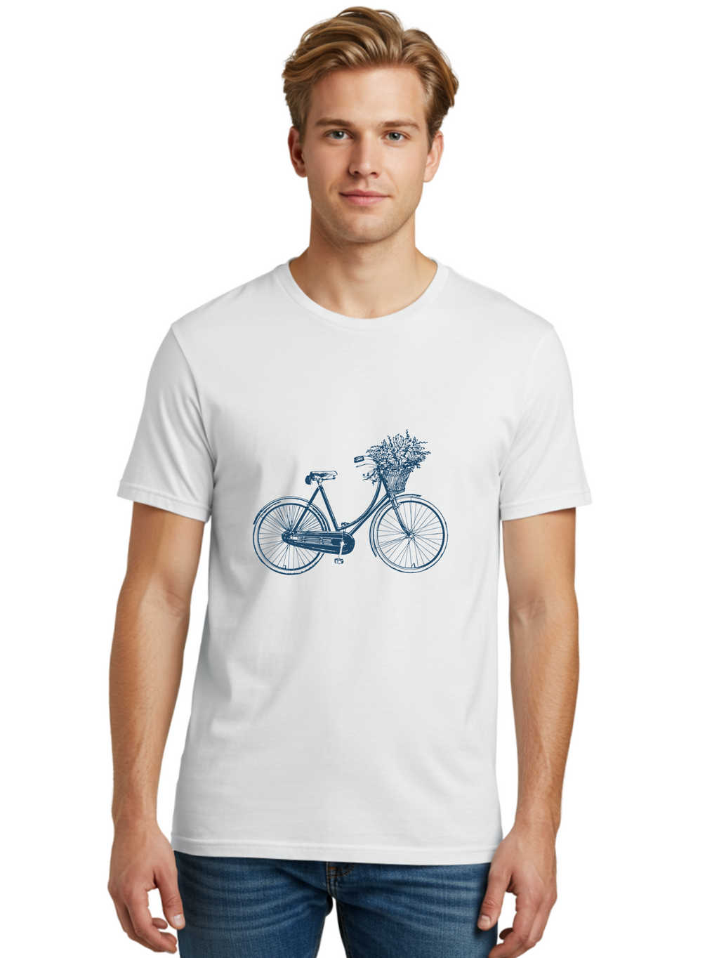 Bike-With-Flowers Men'S Graphic Tee, 100% Cotton, Comfortable Casual Summer Wear, Machine Washable, Vintage Bicycle, Floral Basket, Eco-Friendly Transportation, Sustainable Living, Outdoorsy Feel, Leisurely Ride, Cycling Culture, Aae139