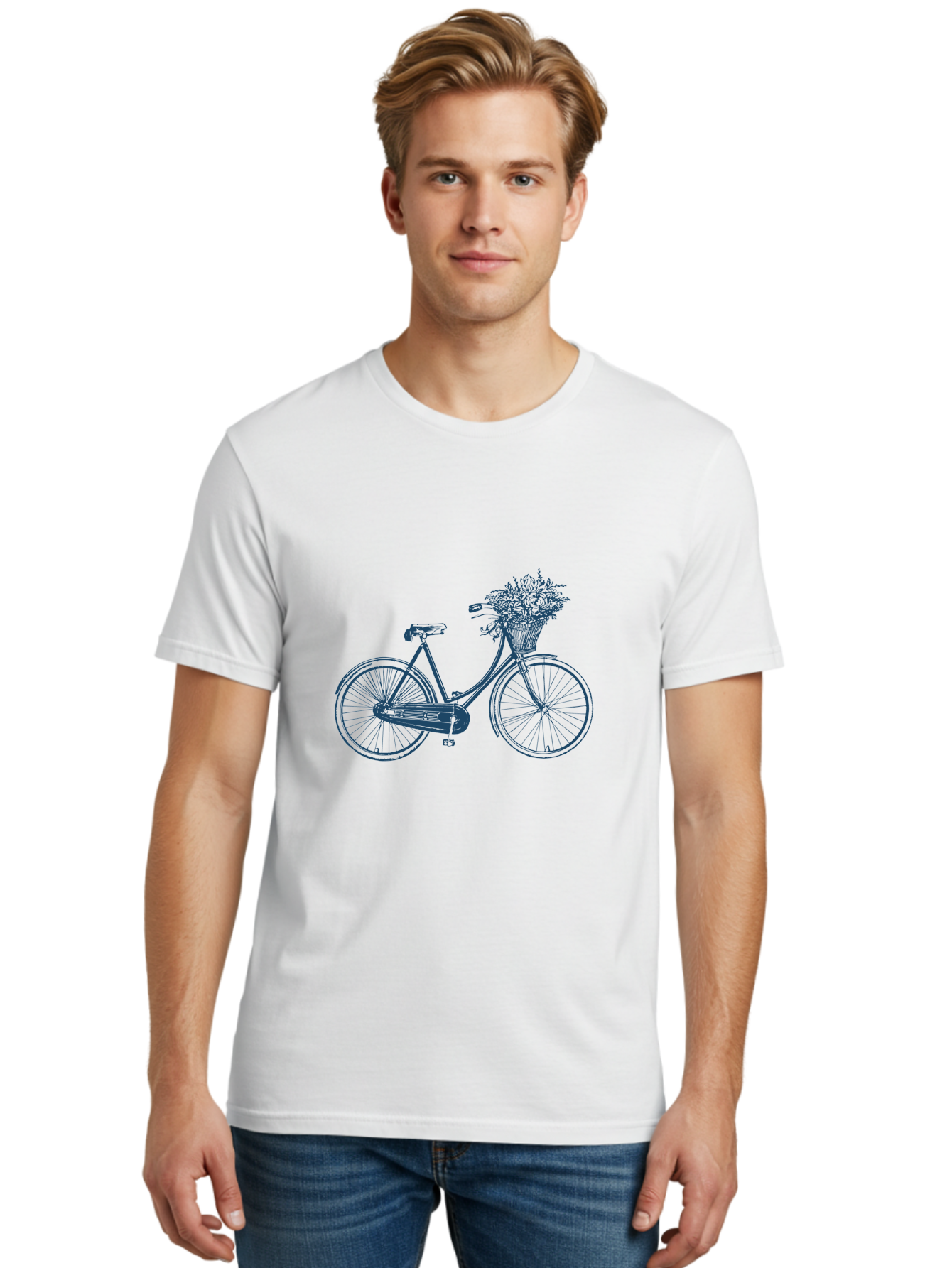 Bike-With-Flowers Men'S Graphic Tee, 100% Cotton, Comfortable Casual Summer Wear, Machine Washable, Vintage Bicycle, Floral Basket, Eco-Friendly Transportation, Sustainable Living, Outdoorsy Feel, Leisurely Ride, Cycling Culture, Aae139