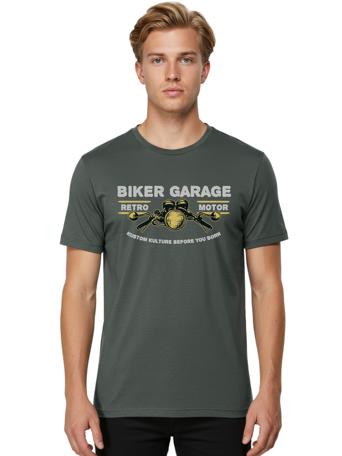 Biker Garage Men'S Graphic Tee, 100% Cotton, Comfortable Casual Summer Wear, Machine Washable, Vintage Motorcycle Illustration, Biker Culture, Retro Motorbike Design, Kustom Kulture, Biker Garage, Motorcycle Enthusiasts, Custom Bike Art Aae141