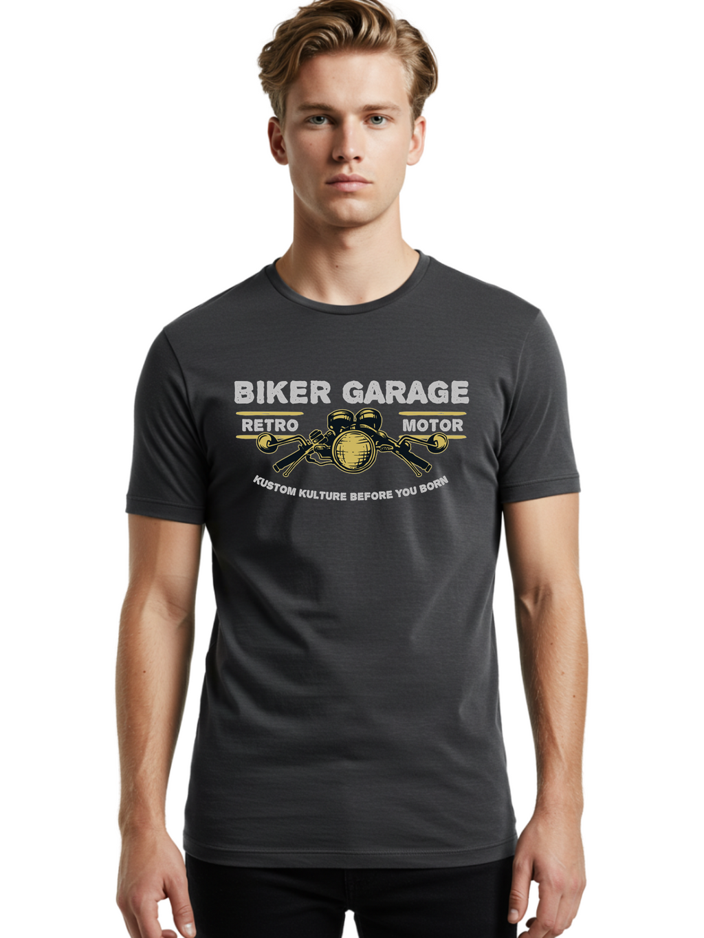Biker Garage Men'S Graphic Tee, 100% Cotton, Comfortable Casual Summer Wear, Machine Washable, Vintage Motorcycle Illustration, Biker Culture, Retro Motorbike Design, Kustom Kulture, Biker Garage, Motorcycle Enthusiasts, Custom Bike Art Aae141