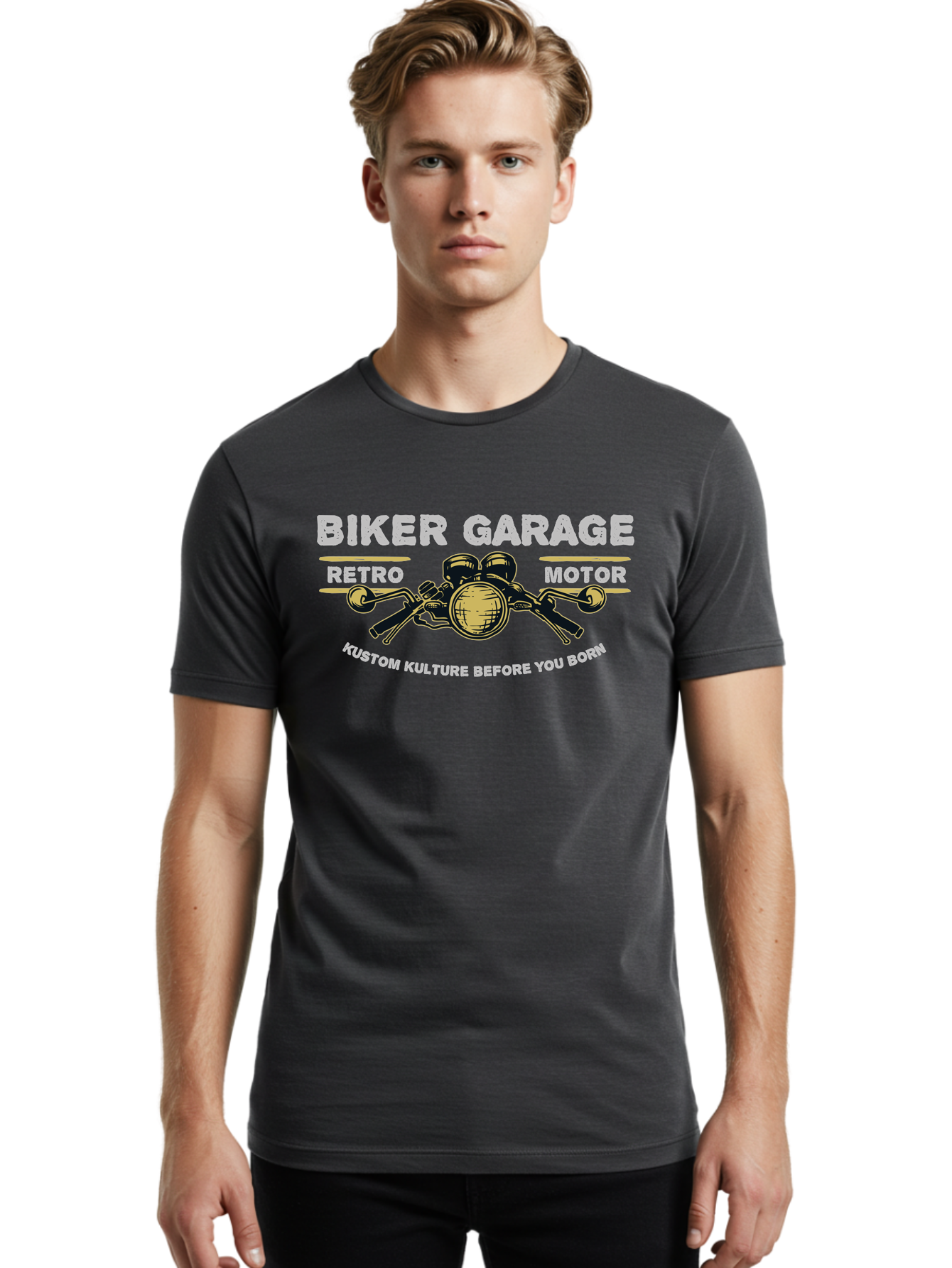 Biker Garage Men'S Graphic Tee, 100% Cotton, Comfortable Casual Summer Wear, Machine Washable, Vintage Motorcycle Illustration, Biker Culture, Retro Motorbike Design, Kustom Kulture, Biker Garage, Motorcycle Enthusiasts, Custom Bike Art Aae141