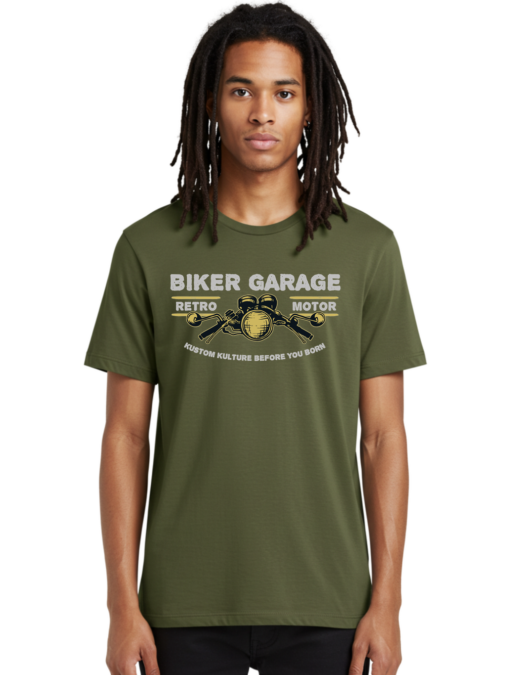 Biker Garage Men'S Graphic Tee, 100% Cotton, Comfortable Casual Summer Wear, Machine Washable, Vintage Motorcycle Illustration, Biker Culture, Retro Motorbike Design, Kustom Kulture, Biker Garage, Motorcycle Enthusiasts, Custom Bike Art Aae141