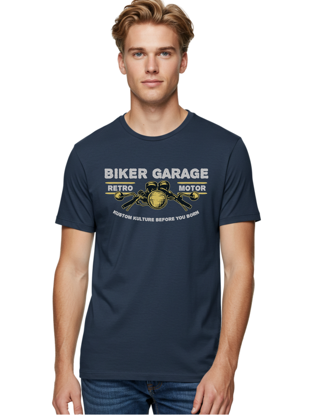 Biker Garage Men'S Graphic Tee, 100% Cotton, Comfortable Casual Summer Wear, Machine Washable, Vintage Motorcycle Illustration, Biker Culture, Retro Motorbike Design, Kustom Kulture, Biker Garage, Motorcycle Enthusiasts, Custom Bike Art Aae141