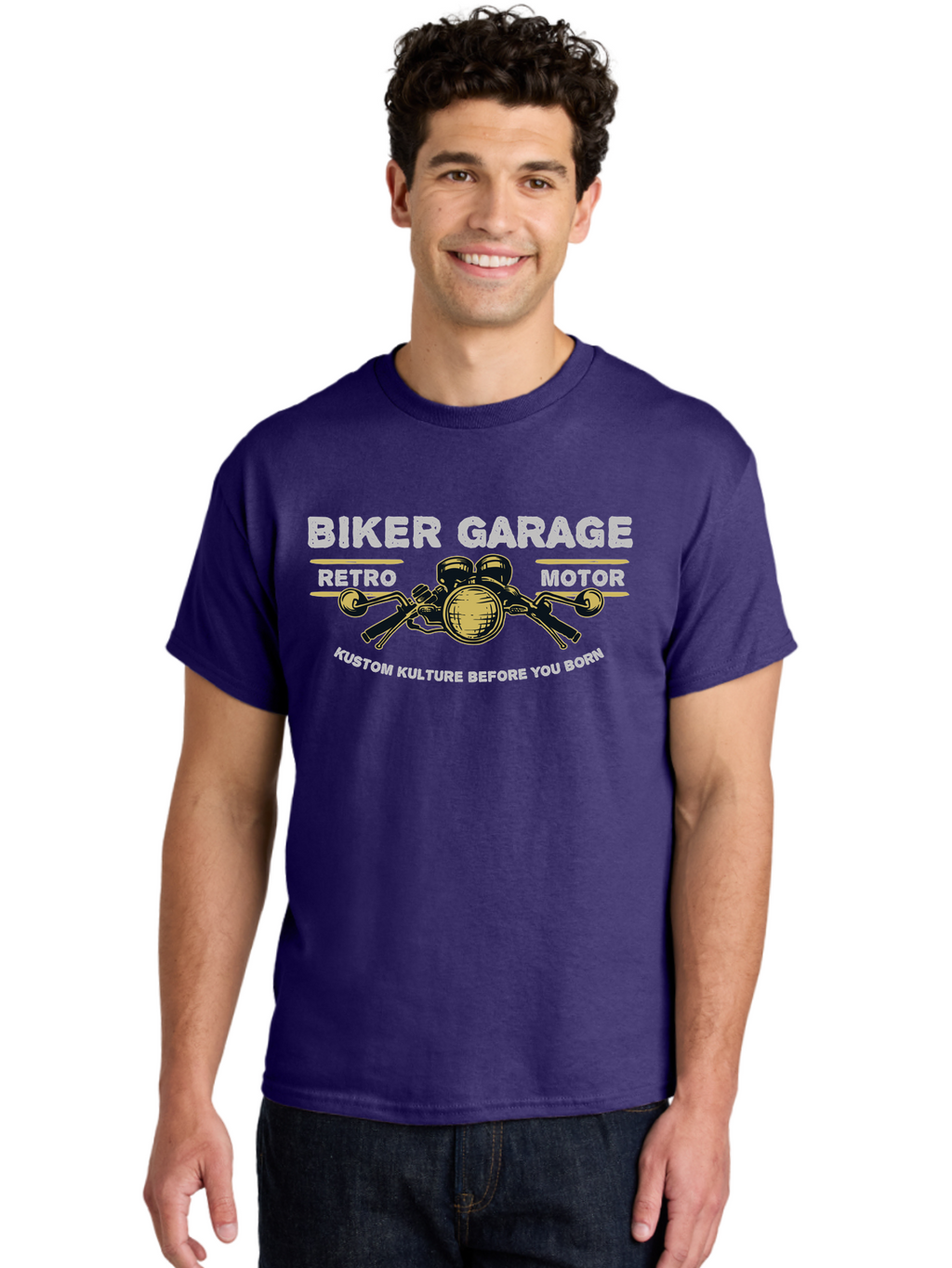 Biker Garage Men'S Graphic Tee, 100% Cotton, Comfortable Casual Summer Wear, Machine Washable, Vintage Motorcycle Illustration, Biker Culture, Retro Motorbike Design, Kustom Kulture, Biker Garage, Motorcycle Enthusiasts, Custom Bike Art Aae141