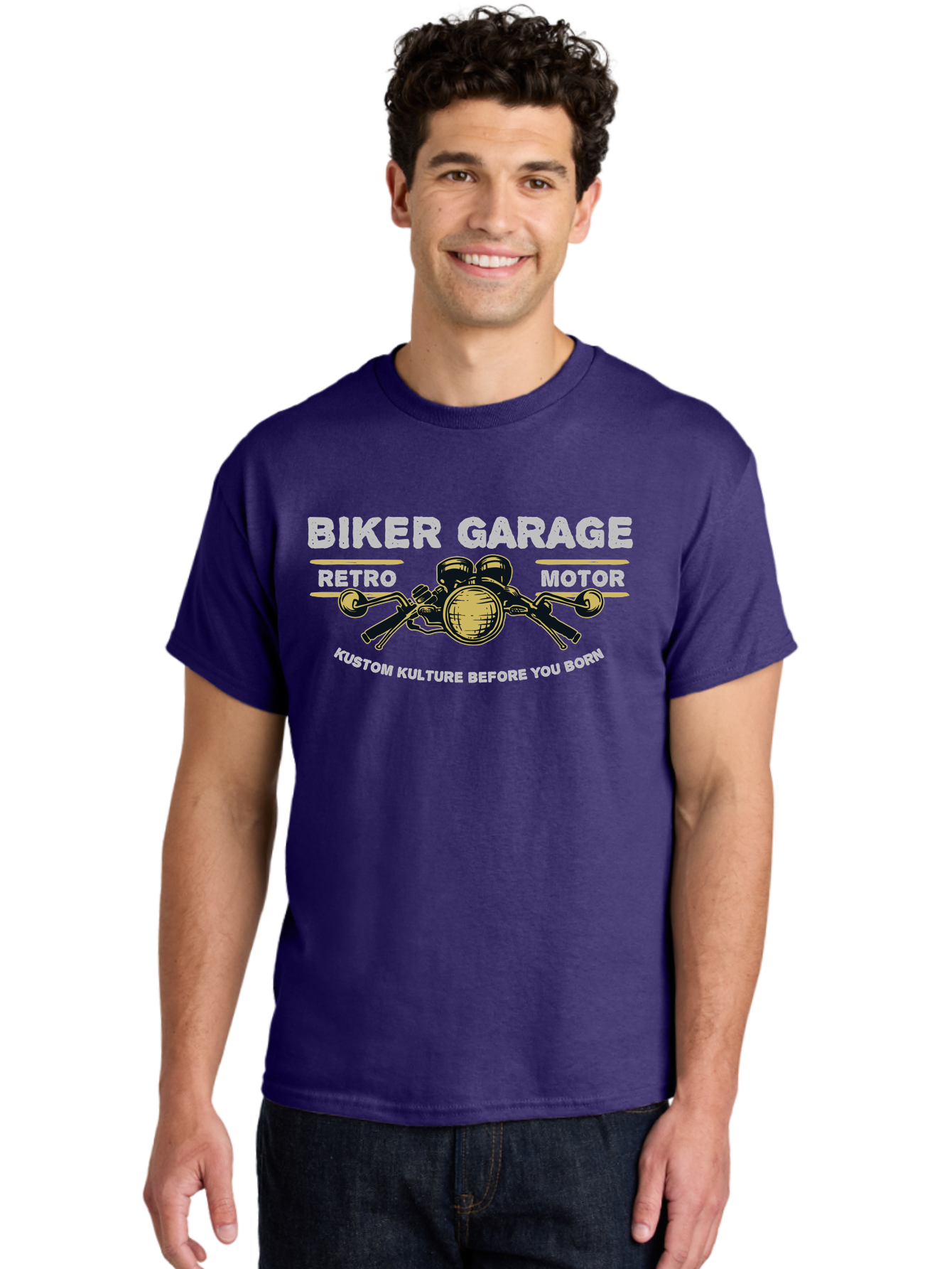 Biker Garage Men'S Graphic Tee, 100% Cotton, Comfortable Casual Summer Wear, Machine Washable, Vintage Motorcycle Illustration, Biker Culture, Retro Motorbike Design, Kustom Kulture, Biker Garage, Motorcycle Enthusiasts, Custom Bike Art Aae141