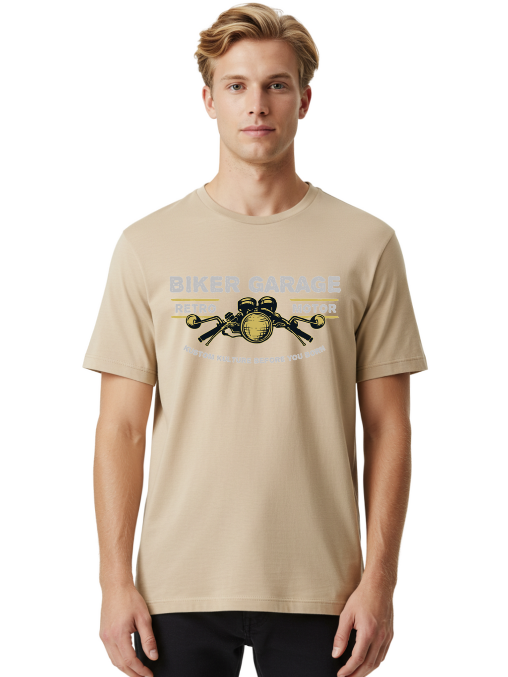Biker Garage Men'S Graphic Tee, 100% Cotton, Comfortable Casual Summer Wear, Machine Washable, Vintage Motorcycle Illustration, Biker Culture, Retro Motorbike Design, Kustom Kulture, Biker Garage, Motorcycle Enthusiasts, Custom Bike Art Aae141