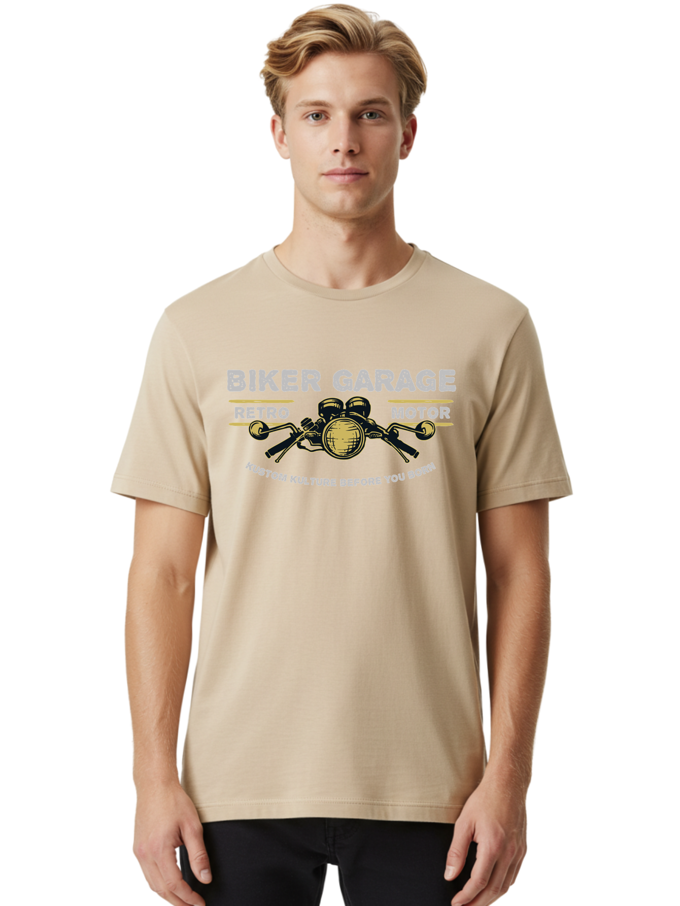 Biker Garage Men'S Graphic Tee, 100% Cotton, Comfortable Casual Summer Wear, Machine Washable, Vintage Motorcycle Illustration, Biker Culture, Retro Motorbike Design, Kustom Kulture, Biker Garage, Motorcycle Enthusiasts, Custom Bike Art Aae141