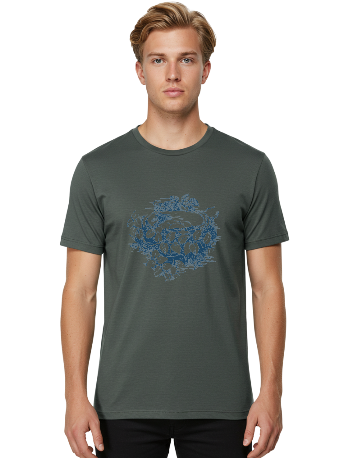 Bird Nest Men'S Graphic Tee, 100% Cotton, Comfortable Casual Summer Wear, Machine Washable, Bird'S Nest, Leaves, Branches, Black Illustration, Artistic Design, Foliage, Twigs, Serene, Natural Scene, Simple Art, Line Drawing, Minimalist Style, Aae142