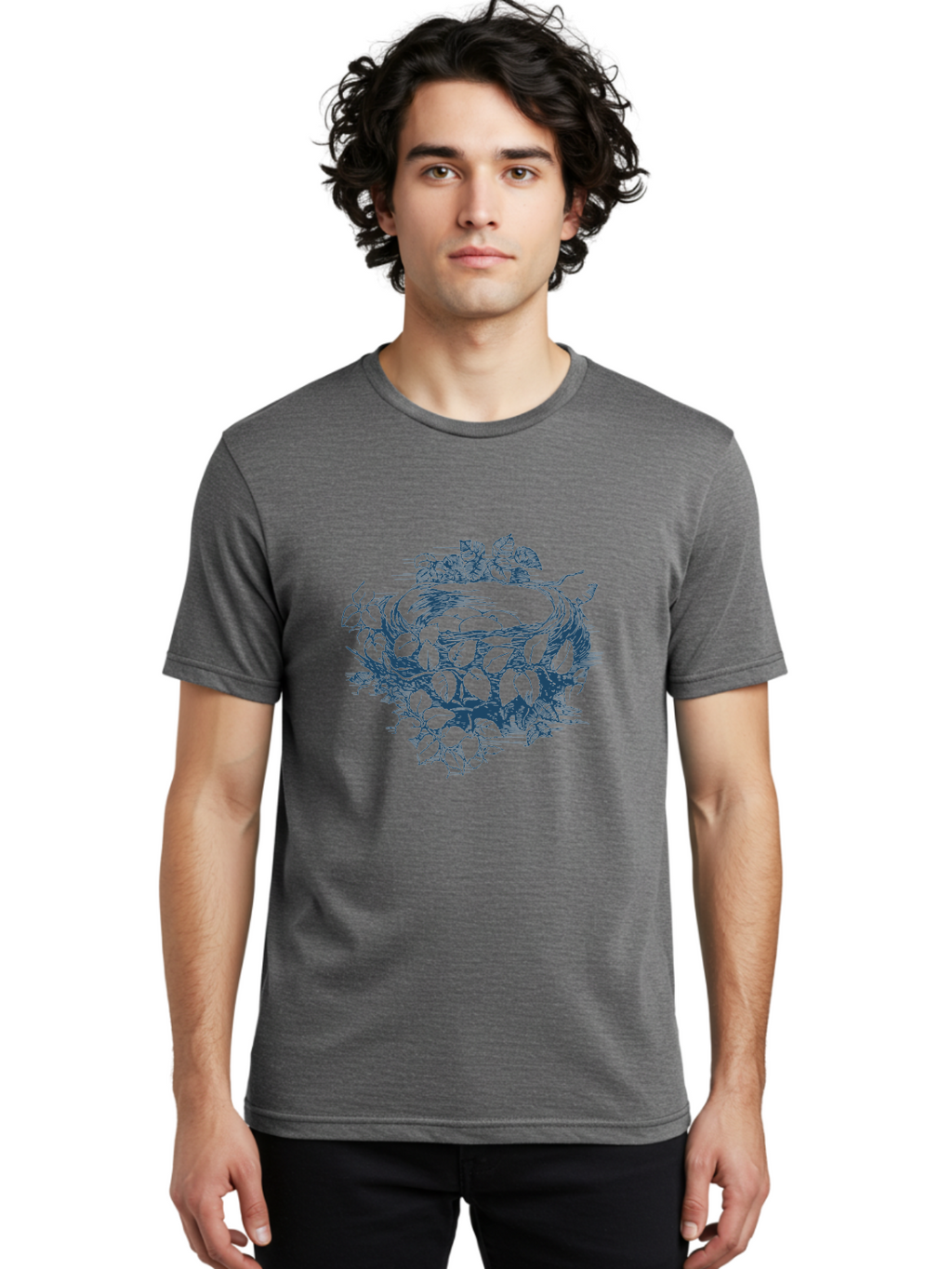 Bird Nest Men'S Graphic Tee, 100% Cotton, Comfortable Casual Summer Wear, Machine Washable, Bird'S Nest, Leaves, Branches, Black Illustration, Artistic Design, Foliage, Twigs, Serene, Natural Scene, Simple Art, Line Drawing, Minimalist Style, Aae142