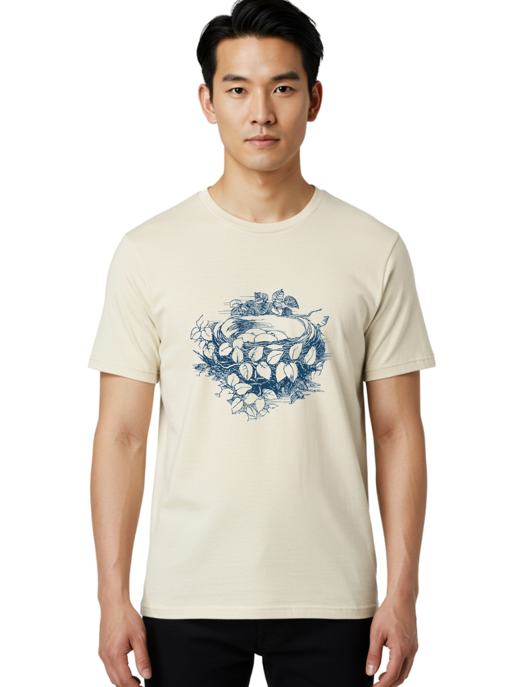 Bird Nest Men'S Graphic Tee, 100% Cotton, Comfortable Casual Summer Wear, Machine Washable, Bird'S Nest, Leaves, Branches, Black Illustration, Artistic Design, Foliage, Twigs, Serene, Natural Scene, Simple Art, Line Drawing, Minimalist Style, Aae142