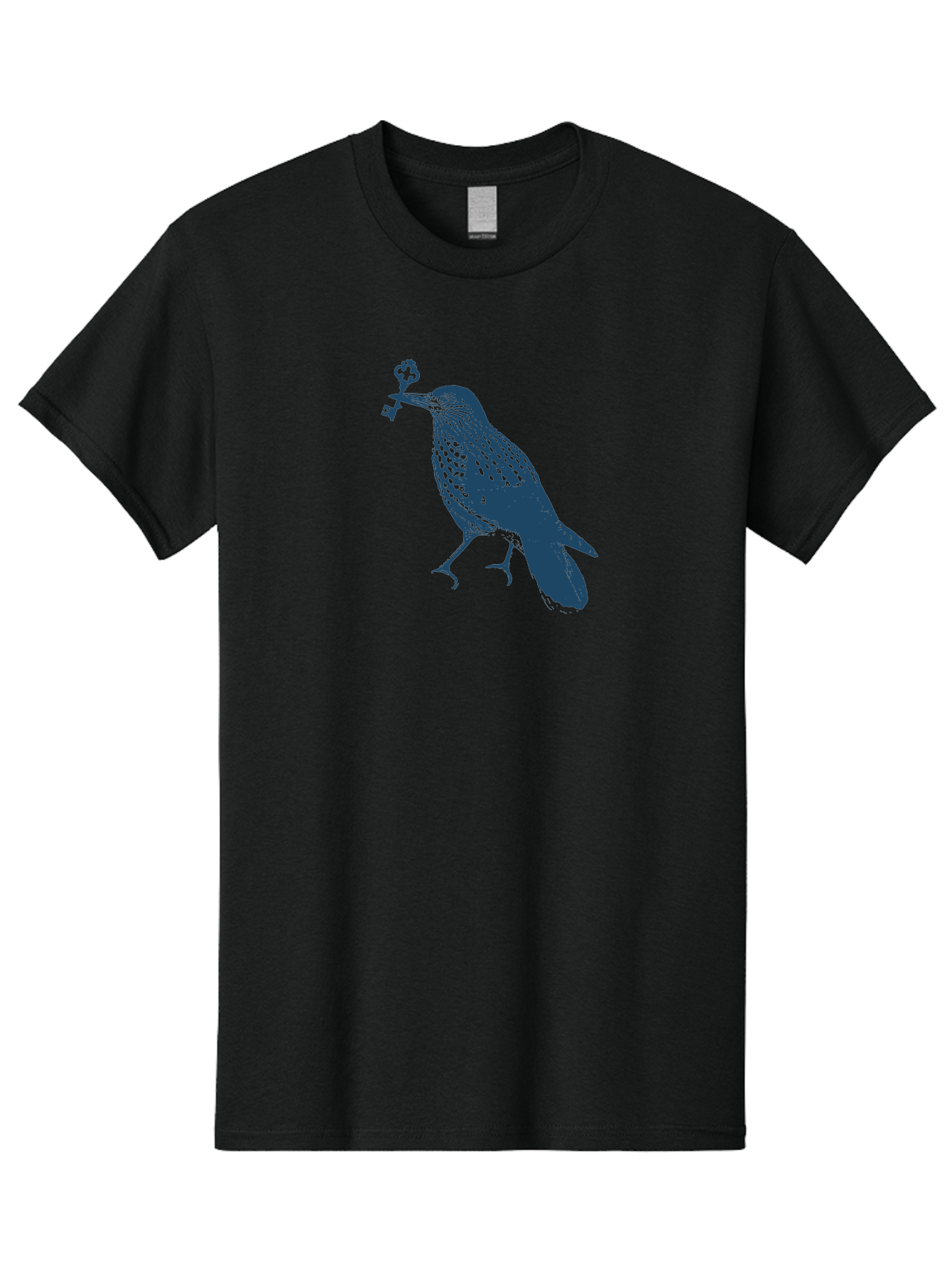 Bird-With-Key Men'S Graphic Tee, 100% Cotton, Comfortable Casual Summer Wear, Machine Washable, Bird Holding Key, Symbolic Illustration, Mysterious Artwork, Dark Blue Silhouette, Unique Key Design, Ornate Key Details, Aae143