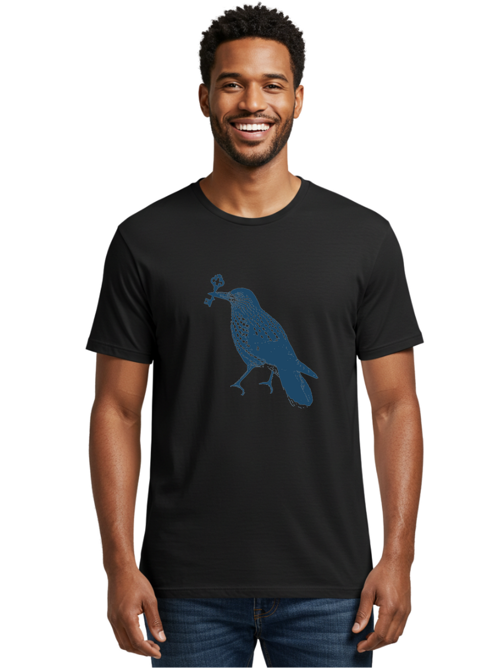 Bird-With-Key Men'S Graphic Tee, 100% Cotton, Comfortable Casual Summer Wear, Machine Washable, Bird Holding Key, Symbolic Illustration, Mysterious Artwork, Dark Blue Silhouette, Unique Key Design, Ornate Key Details, Aae143