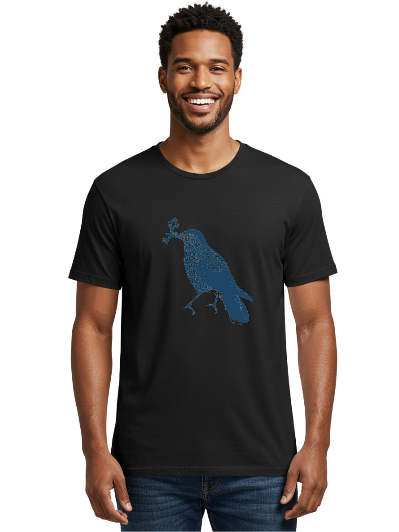 Bird-With-Key Men'S Graphic Tee, 100% Cotton, Comfortable Casual Summer Wear, Machine Washable, Bird Holding Key, Symbolic Illustration, Mysterious Artwork, Dark Blue Silhouette, Unique Key Design, Ornate Key Details, Aae143