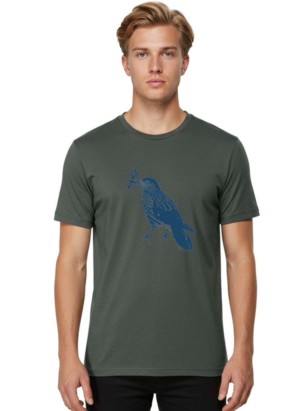 Bird-With-Key Men'S Graphic Tee, 100% Cotton, Comfortable Casual Summer Wear, Machine Washable, Bird Holding Key, Symbolic Illustration, Mysterious Artwork, Dark Blue Silhouette, Unique Key Design, Ornate Key Details, Aae143