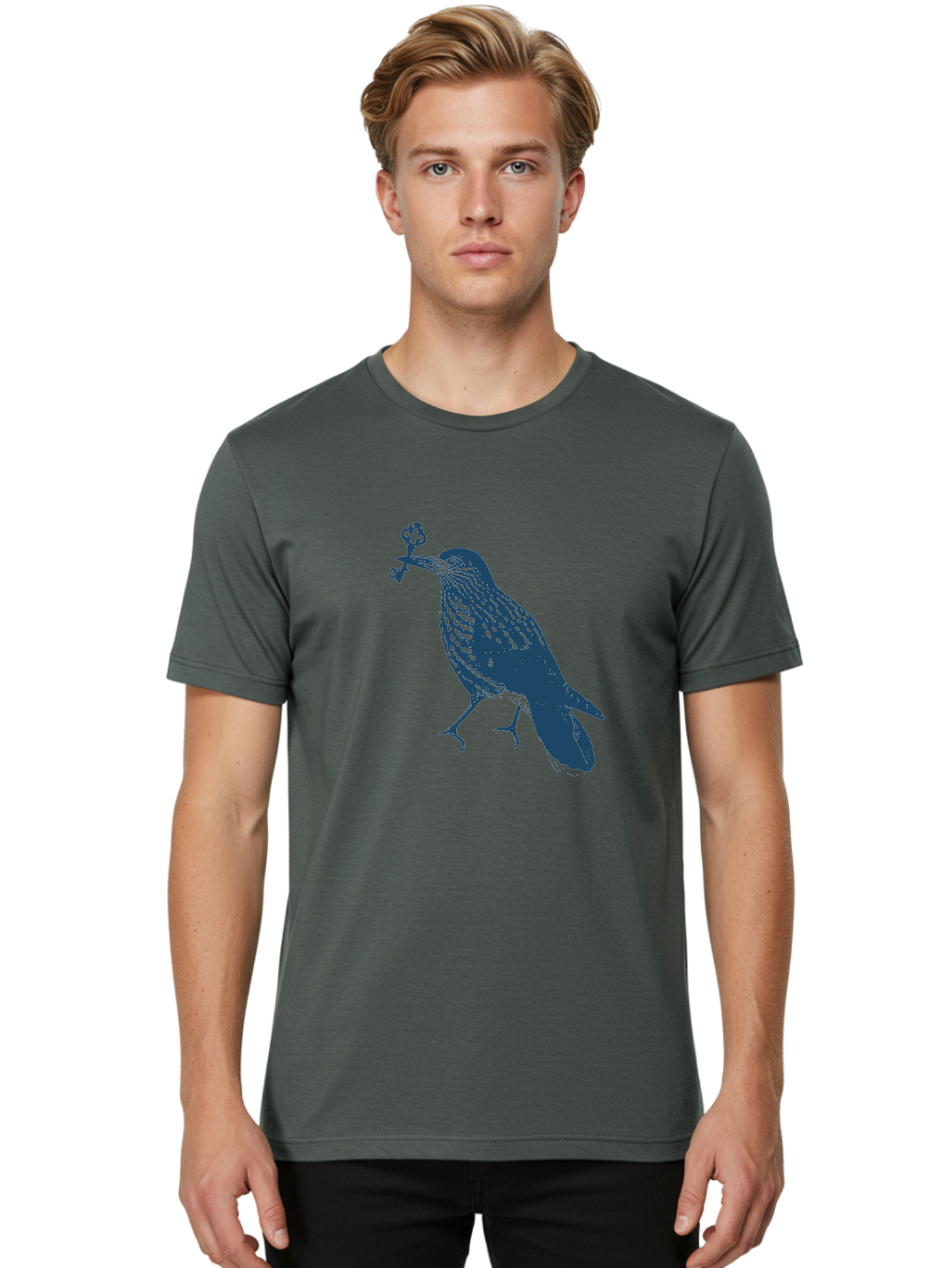 Bird-With-Key Men'S Graphic Tee, 100% Cotton, Comfortable Casual Summer Wear, Machine Washable, Bird Holding Key, Symbolic Illustration, Mysterious Artwork, Dark Blue Silhouette, Unique Key Design, Ornate Key Details, Aae143