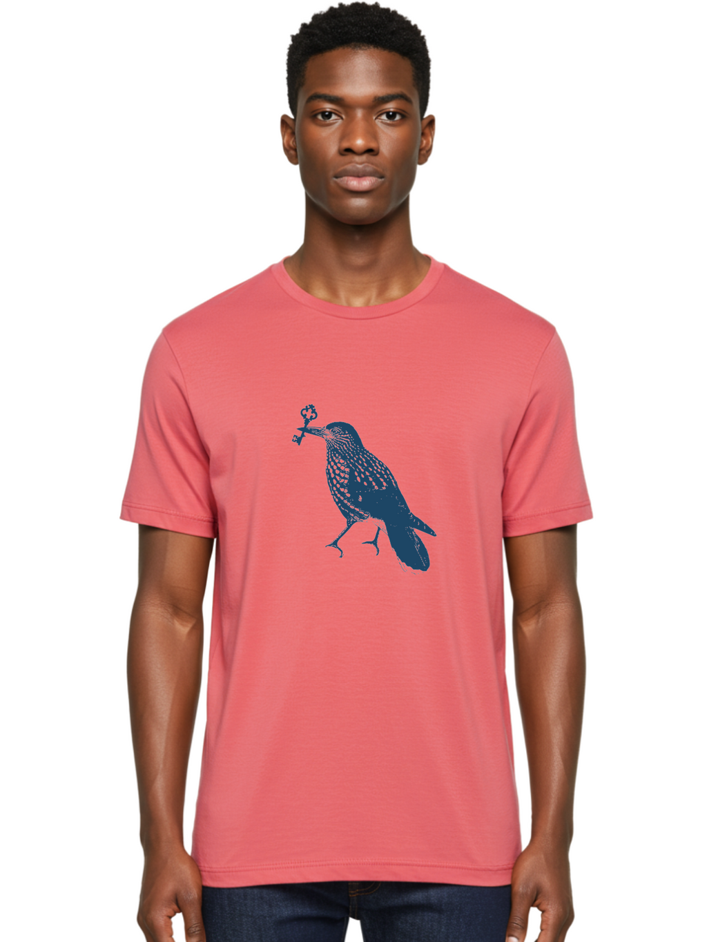Bird-With-Key Men'S Graphic Tee, 100% Cotton, Comfortable Casual Summer Wear, Machine Washable, Bird Holding Key, Symbolic Illustration, Mysterious Artwork, Dark Blue Silhouette, Unique Key Design, Ornate Key Details, Aae143