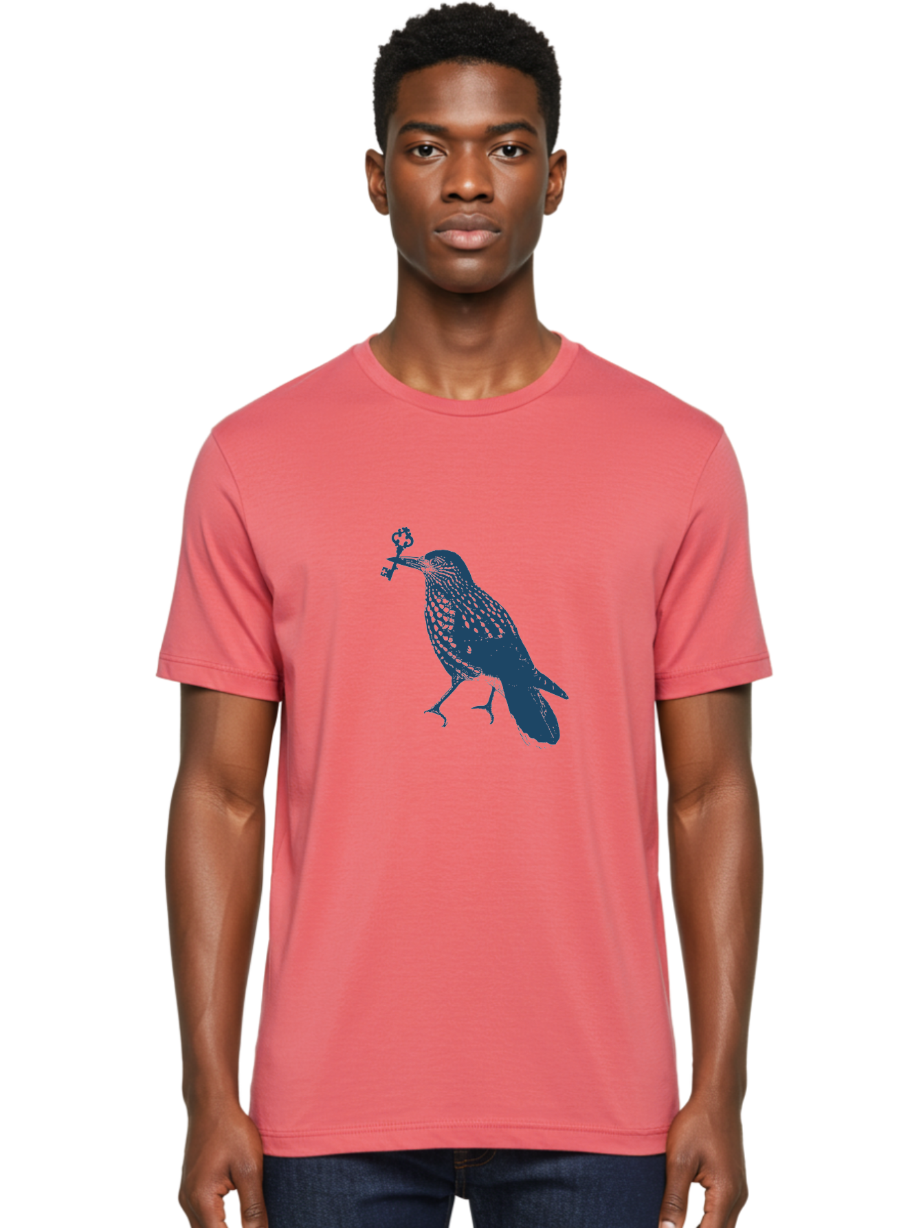 Bird-With-Key Men'S Graphic Tee, 100% Cotton, Comfortable Casual Summer Wear, Machine Washable, Bird Holding Key, Symbolic Illustration, Mysterious Artwork, Dark Blue Silhouette, Unique Key Design, Ornate Key Details, Aae143