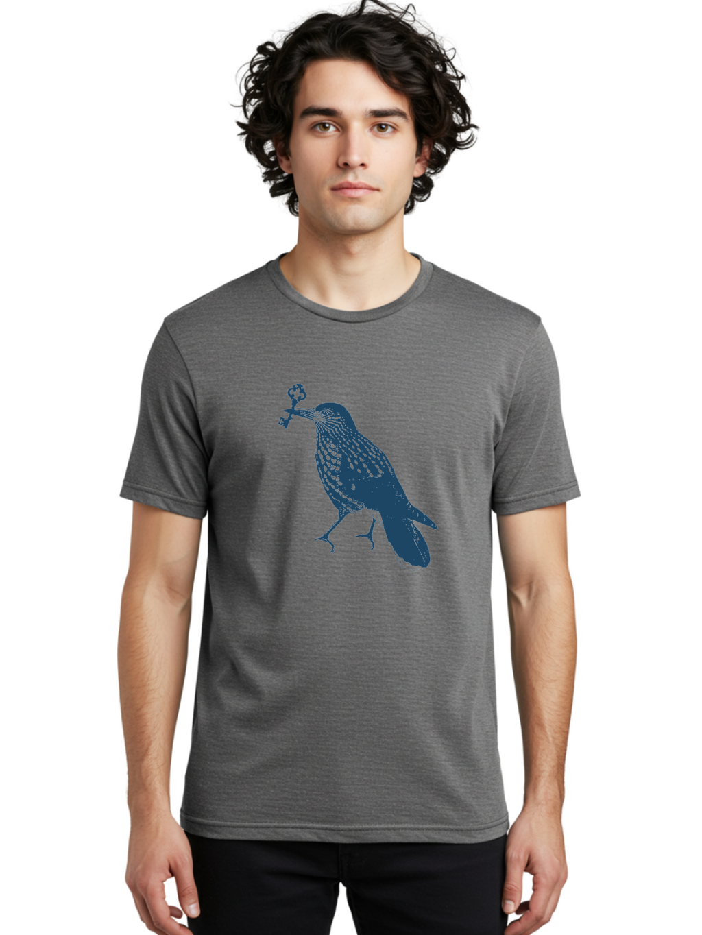 Bird-With-Key Men'S Graphic Tee, 100% Cotton, Comfortable Casual Summer Wear, Machine Washable, Bird Holding Key, Symbolic Illustration, Mysterious Artwork, Dark Blue Silhouette, Unique Key Design, Ornate Key Details, Aae143