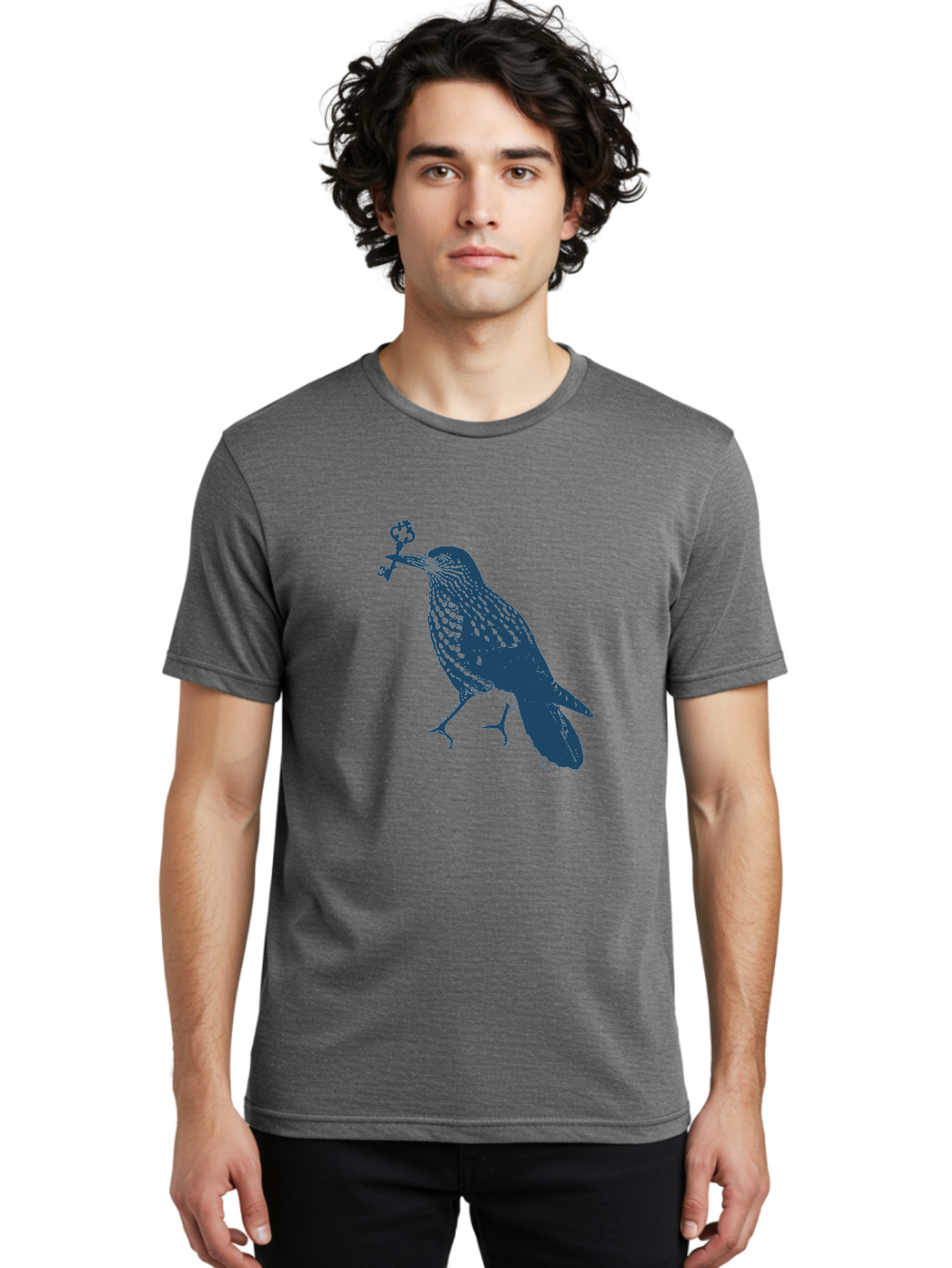 Bird-With-Key Men'S Graphic Tee, 100% Cotton, Comfortable Casual Summer Wear, Machine Washable, Bird Holding Key, Symbolic Illustration, Mysterious Artwork, Dark Blue Silhouette, Unique Key Design, Ornate Key Details, Aae143