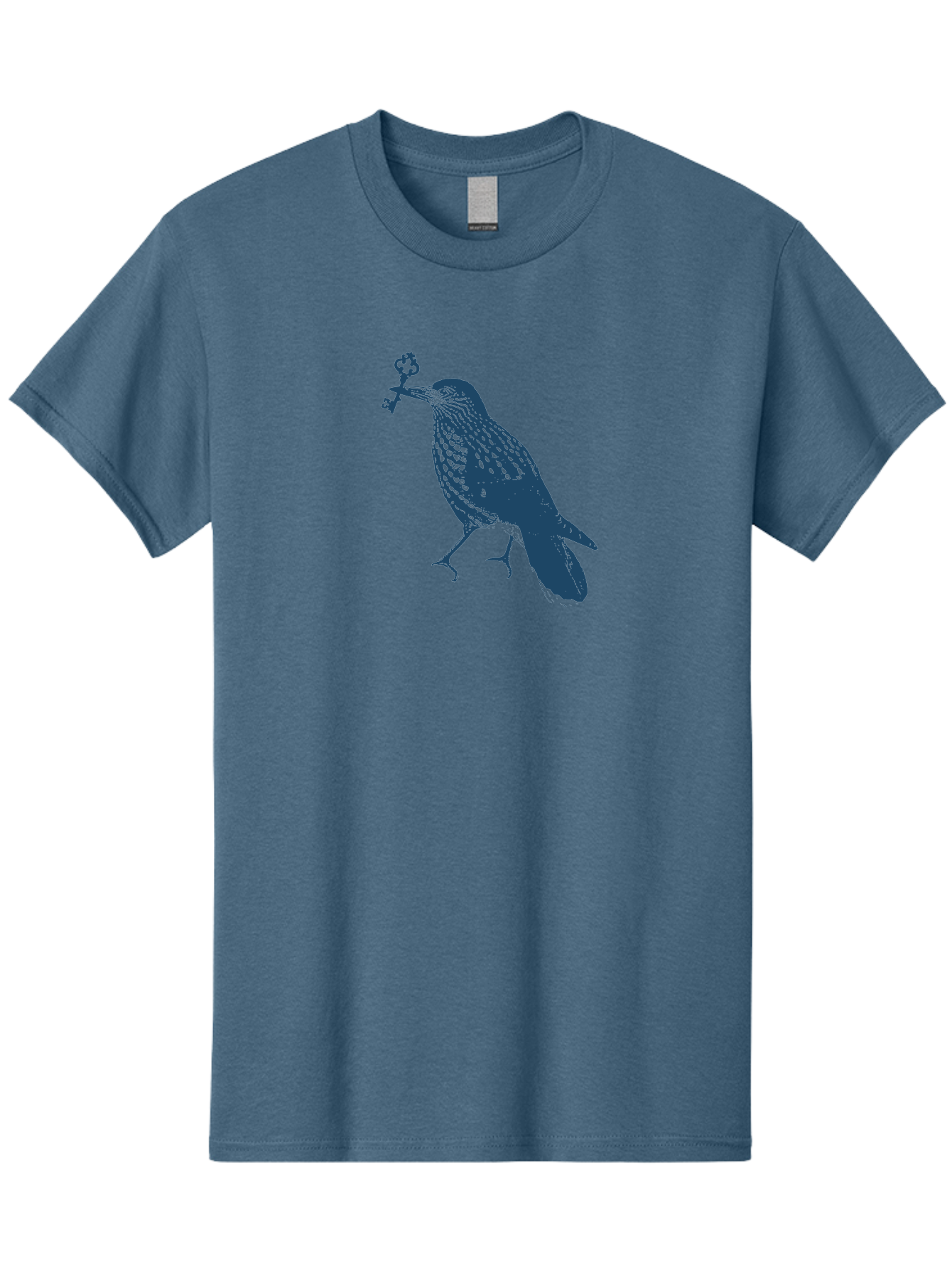 Bird-With-Key Men'S Graphic Tee, 100% Cotton, Comfortable Casual Summer Wear, Machine Washable, Bird Holding Key, Symbolic Illustration, Mysterious Artwork, Dark Blue Silhouette, Unique Key Design, Ornate Key Details, Aae143