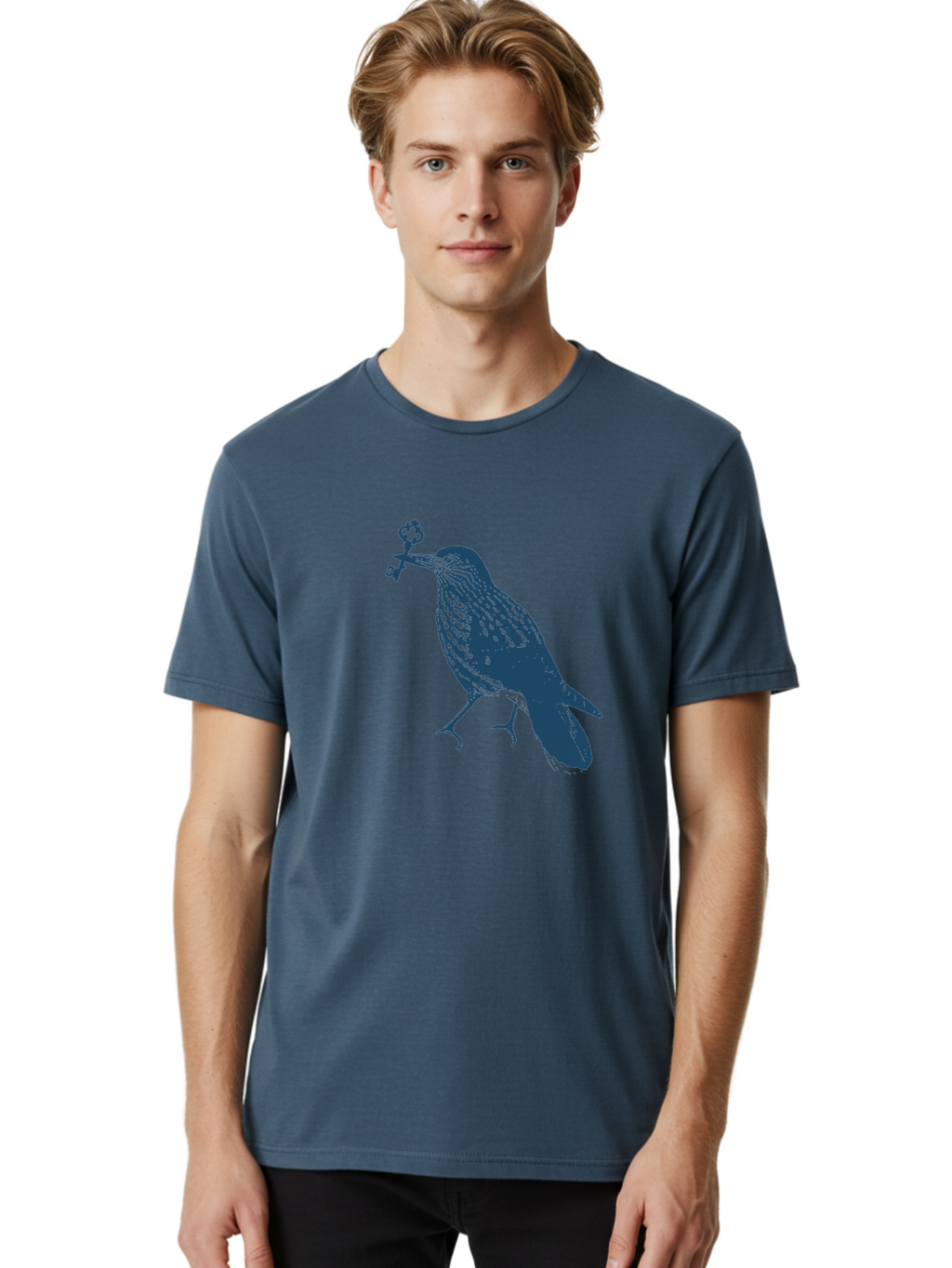 Bird-With-Key Men'S Graphic Tee, 100% Cotton, Comfortable Casual Summer Wear, Machine Washable, Bird Holding Key, Symbolic Illustration, Mysterious Artwork, Dark Blue Silhouette, Unique Key Design, Ornate Key Details, Aae143