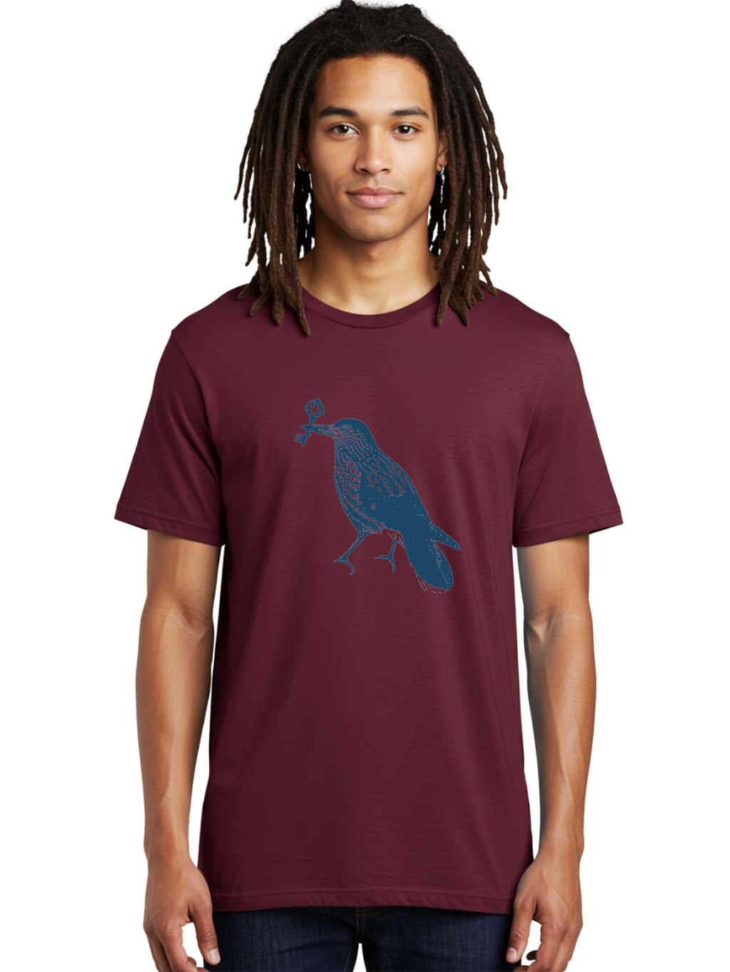 Bird-With-Key Men'S Graphic Tee, 100% Cotton, Comfortable Casual Summer Wear, Machine Washable, Bird Holding Key, Symbolic Illustration, Mysterious Artwork, Dark Blue Silhouette, Unique Key Design, Ornate Key Details, Aae143