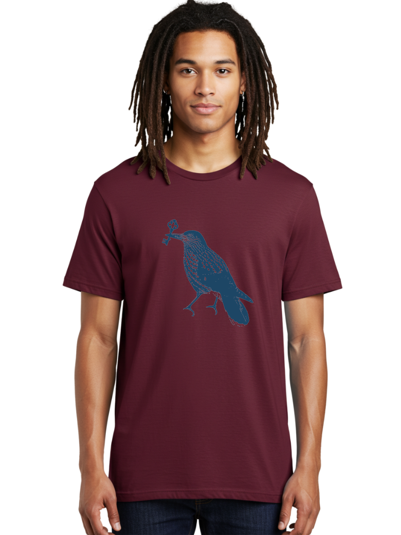 Bird-With-Key Men'S Graphic Tee, 100% Cotton, Comfortable Casual Summer Wear, Machine Washable, Bird Holding Key, Symbolic Illustration, Mysterious Artwork, Dark Blue Silhouette, Unique Key Design, Ornate Key Details, Aae143