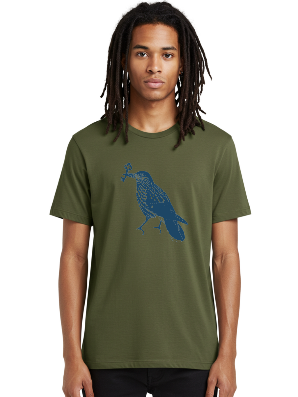 Bird-With-Key Men'S Graphic Tee, 100% Cotton, Comfortable Casual Summer Wear, Machine Washable, Bird Holding Key, Symbolic Illustration, Mysterious Artwork, Dark Blue Silhouette, Unique Key Design, Ornate Key Details, Aae143