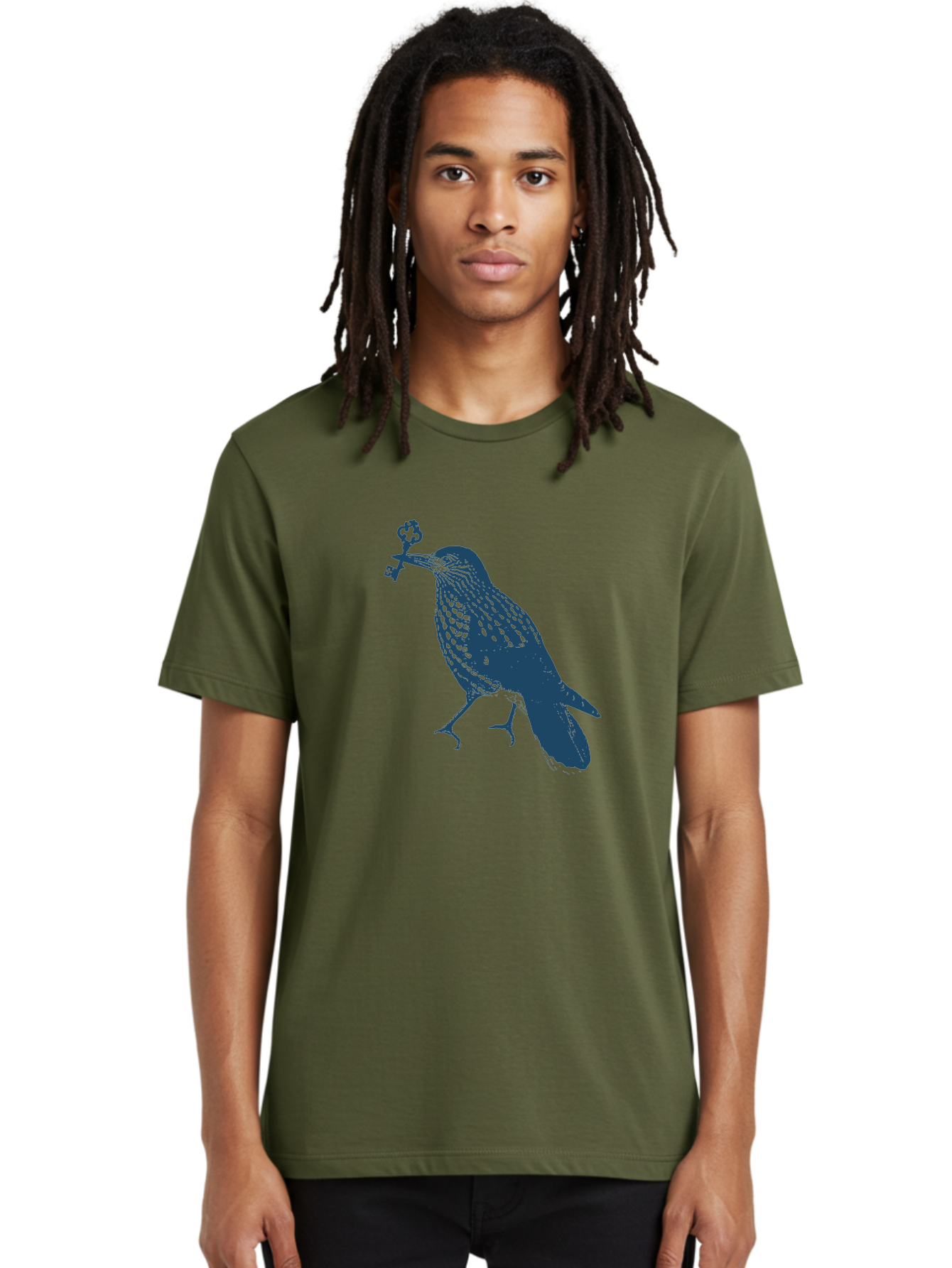 Bird-With-Key Men'S Graphic Tee, 100% Cotton, Comfortable Casual Summer Wear, Machine Washable, Bird Holding Key, Symbolic Illustration, Mysterious Artwork, Dark Blue Silhouette, Unique Key Design, Ornate Key Details, Aae143