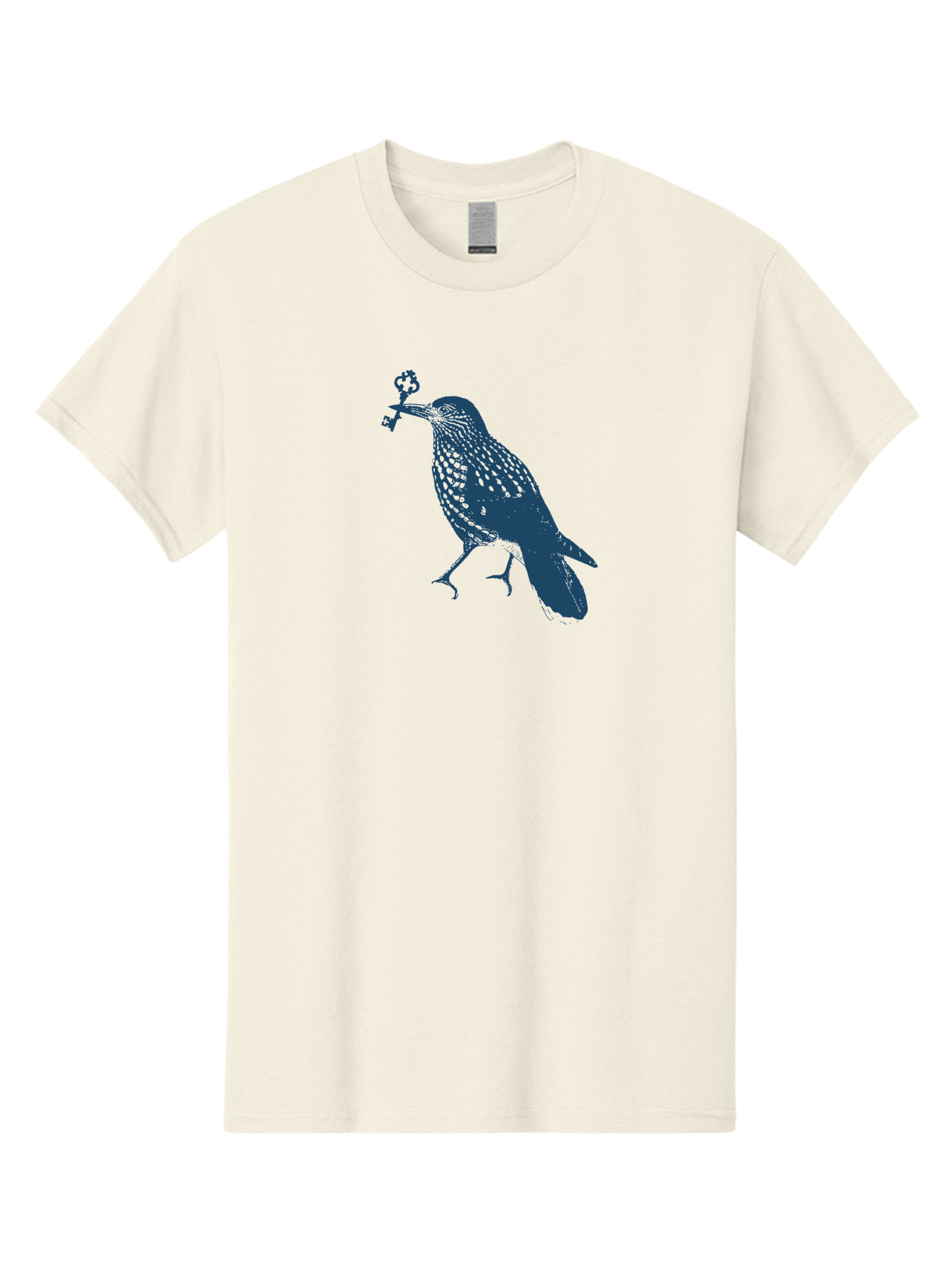 Bird-With-Key Men'S Graphic Tee, 100% Cotton, Comfortable Casual Summer Wear, Machine Washable, Bird Holding Key, Symbolic Illustration, Mysterious Artwork, Dark Blue Silhouette, Unique Key Design, Ornate Key Details, Aae143