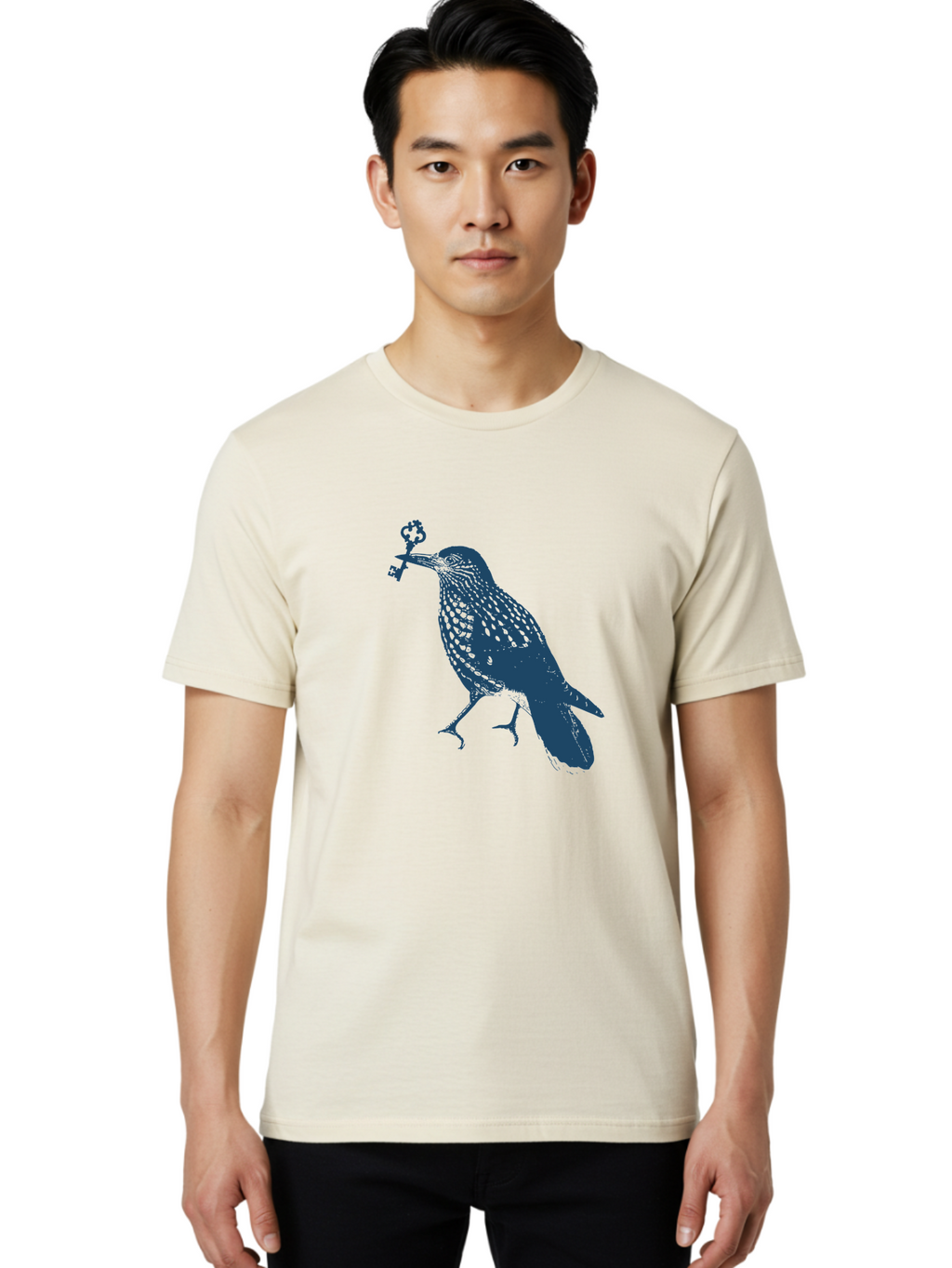 Bird-With-Key Men'S Graphic Tee, 100% Cotton, Comfortable Casual Summer Wear, Machine Washable, Bird Holding Key, Symbolic Illustration, Mysterious Artwork, Dark Blue Silhouette, Unique Key Design, Ornate Key Details, Aae143