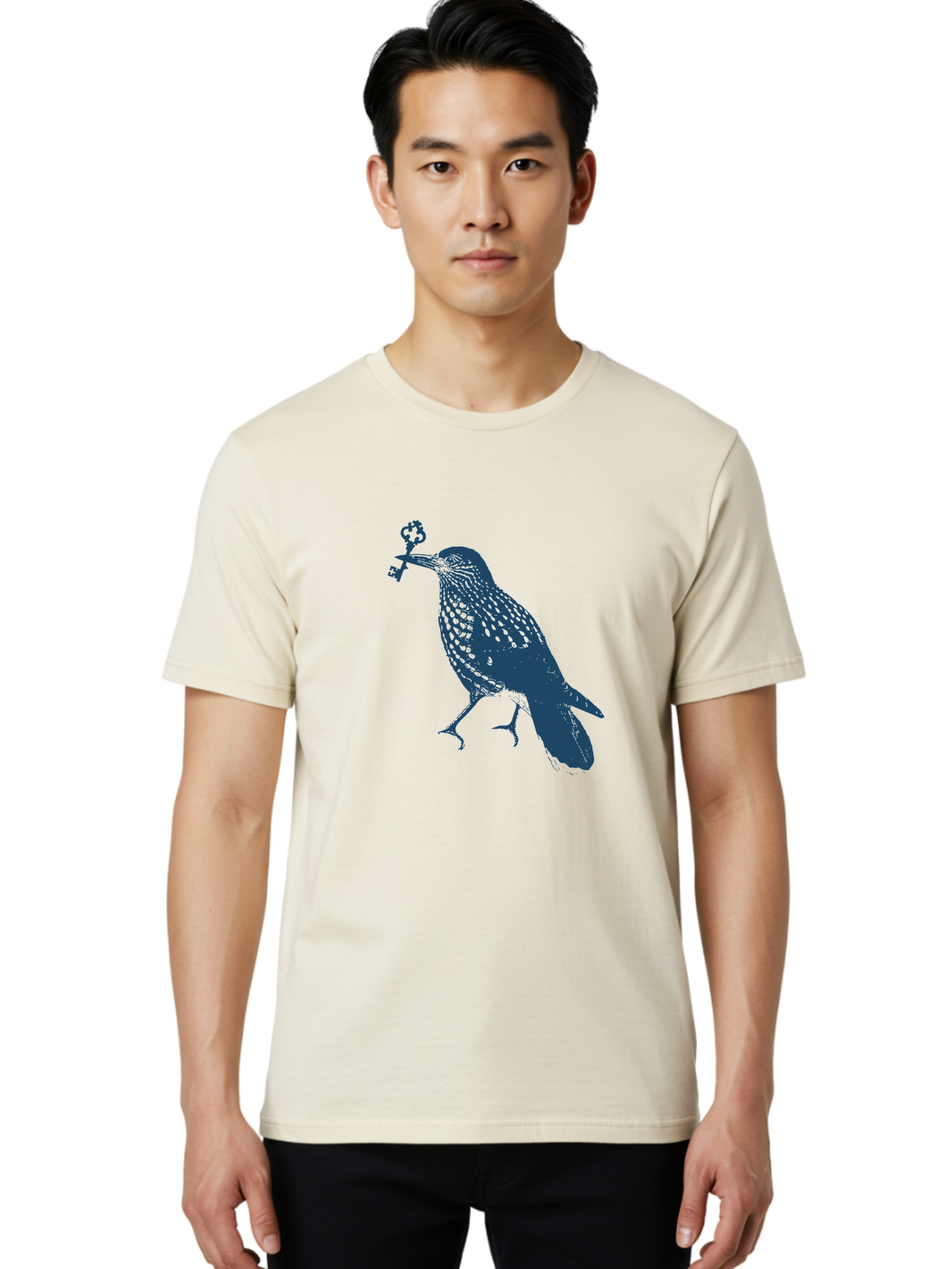 Bird-With-Key Men'S Graphic Tee, 100% Cotton, Comfortable Casual Summer Wear, Machine Washable, Bird Holding Key, Symbolic Illustration, Mysterious Artwork, Dark Blue Silhouette, Unique Key Design, Ornate Key Details, Aae143