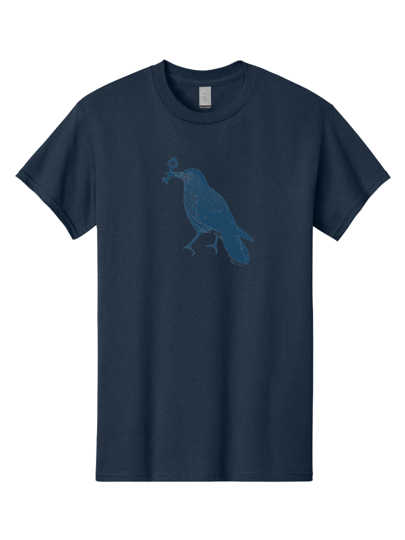 Bird-With-Key Men'S Graphic Tee, 100% Cotton, Comfortable Casual Summer Wear, Machine Washable, Bird Holding Key, Symbolic Illustration, Mysterious Artwork, Dark Blue Silhouette, Unique Key Design, Ornate Key Details, Aae143
