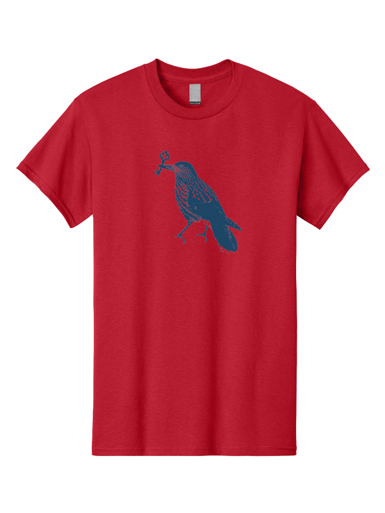 Bird-With-Key Men'S Graphic Tee, 100% Cotton, Comfortable Casual Summer Wear, Machine Washable, Bird Holding Key, Symbolic Illustration, Mysterious Artwork, Dark Blue Silhouette, Unique Key Design, Ornate Key Details, Aae143