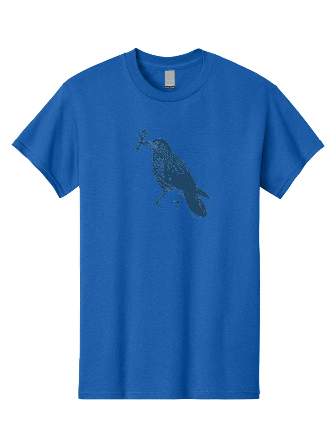 Bird-With-Key Men'S Graphic Tee, 100% Cotton, Comfortable Casual Summer Wear, Machine Washable, Bird Holding Key, Symbolic Illustration, Mysterious Artwork, Dark Blue Silhouette, Unique Key Design, Ornate Key Details, Aae143